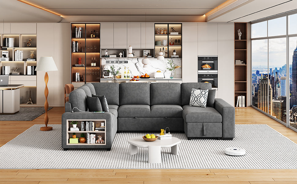 U-Shaped Sectional Sofa Bed - Grey with Storage & USB Ports