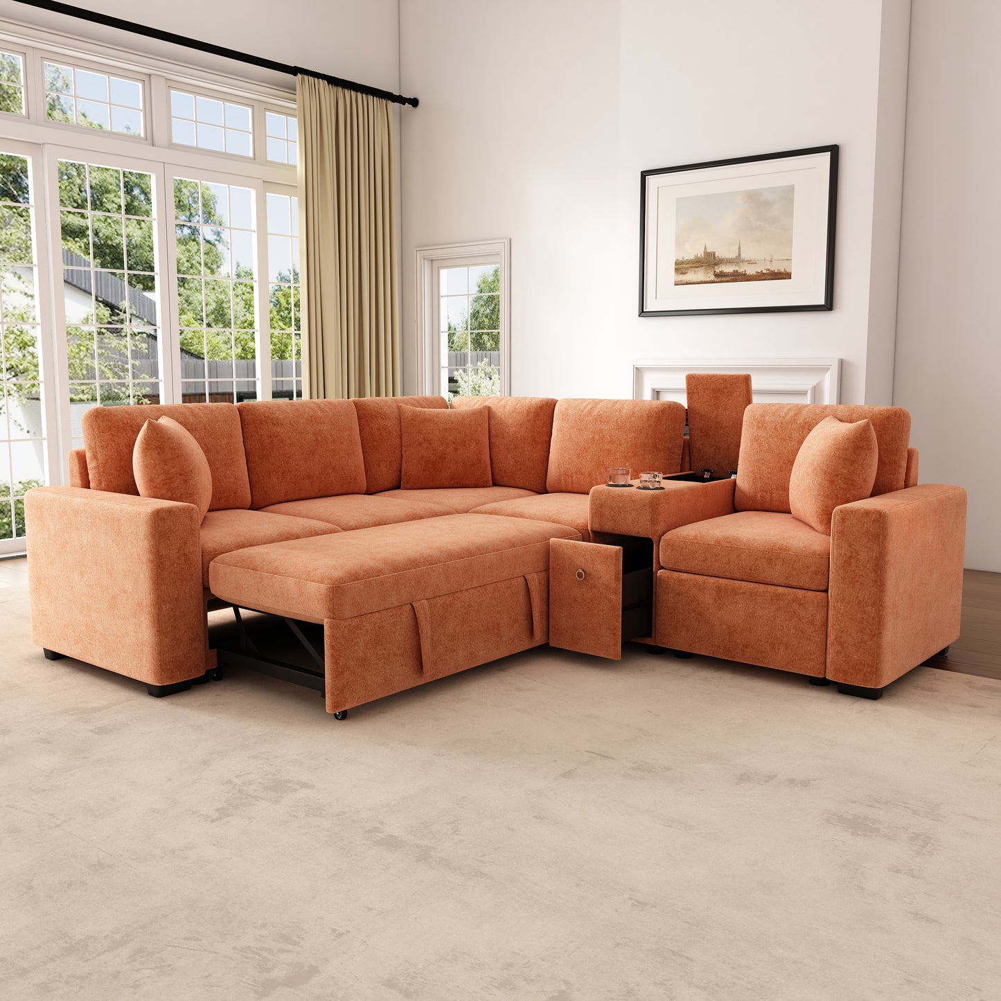 120.5" L-shaped Convertible Sofa Bed Modular Sectional Sofa Reversible Sleeper with Pull-Out Bed, Cup Holders, and Ample Storage Space for Living Room(Old SKU:N719S001940G), Orange