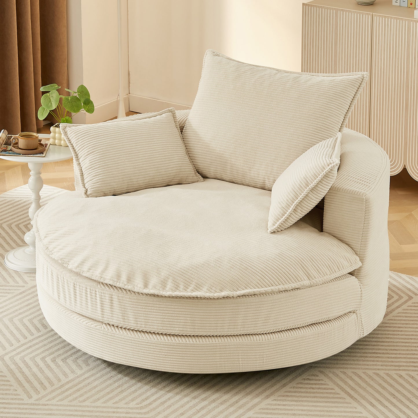 360° Swivel Sofa Chair Accent Barrel Chair 57.5" Swivel Round Chair with Dual-layer Cushion Design and 3 Removable Pillows for Living Room, Bedroom, Office and Hotel, Beige