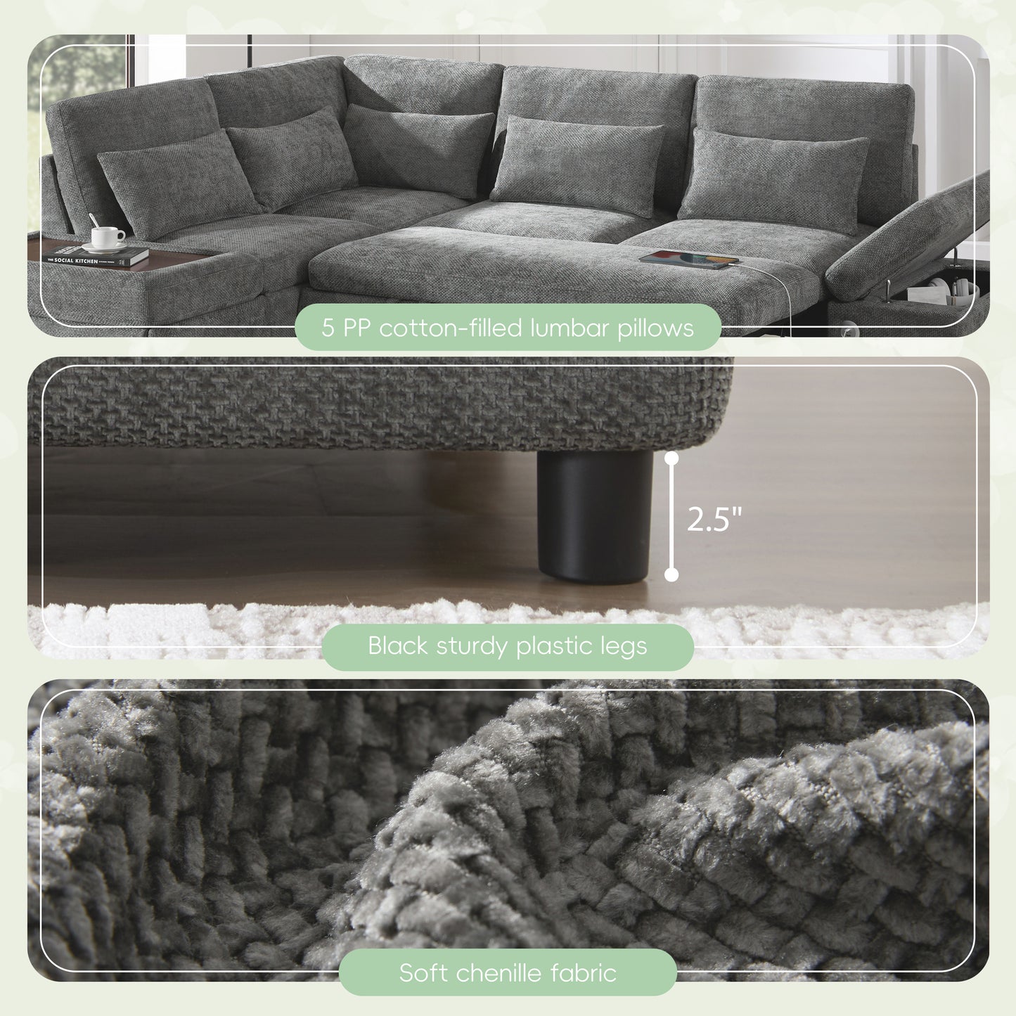 6 Seat Gray Chenille Sleeper Sectional Sofa Bed for Living Room