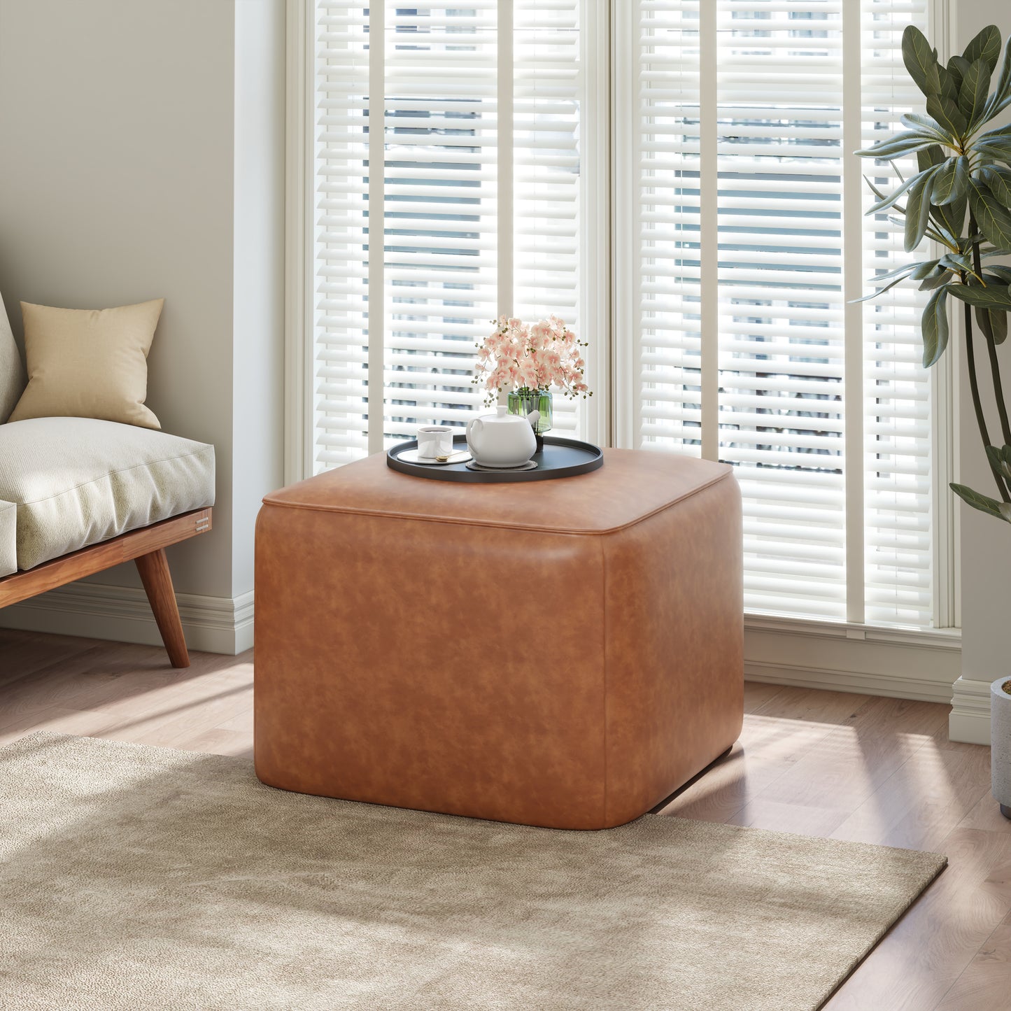 Upholstered Square PU Leather Ottoman,Tan (old sku N757P294261O)