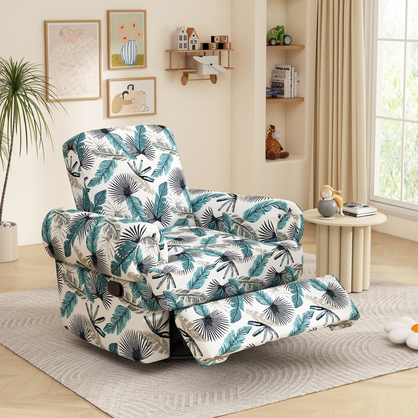 Manual Recliner Sofa Swivel Recliner Rocker Chair with Adjustable Backrest for Living Room, Bedroom, or Nursery, Green&Brown