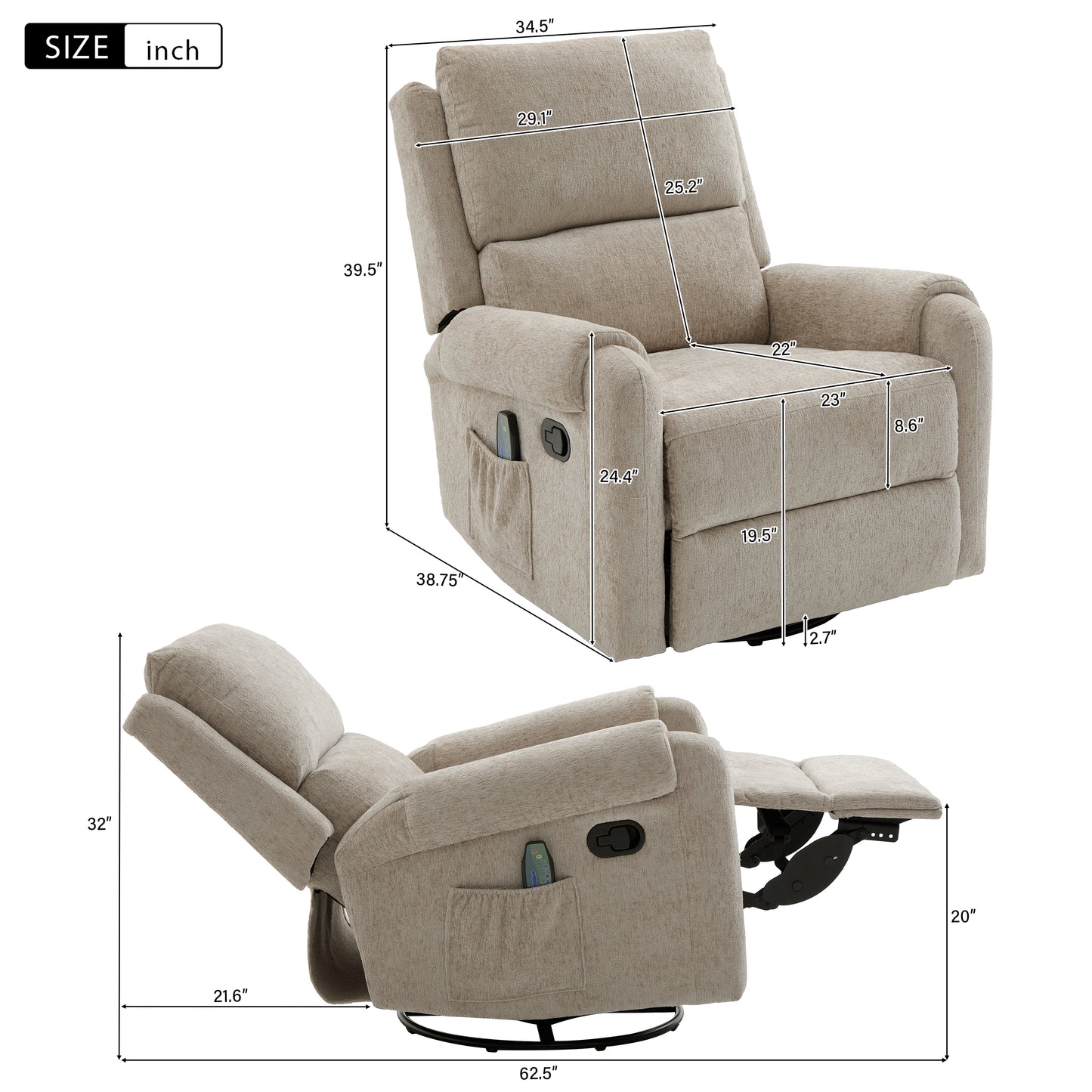 Oatmeal Manual Recliner with Massage - 8 Modes for Living Room