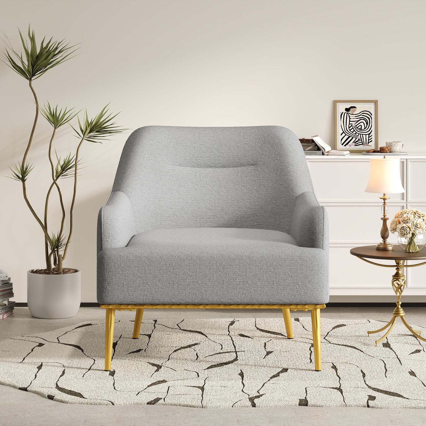 Modern Accent Chair Upholstered Armchair Single Sofa Chair with Curved Backrest and Gold Metal Legs for Living Room, Bedroom or Reading Corner, Grey