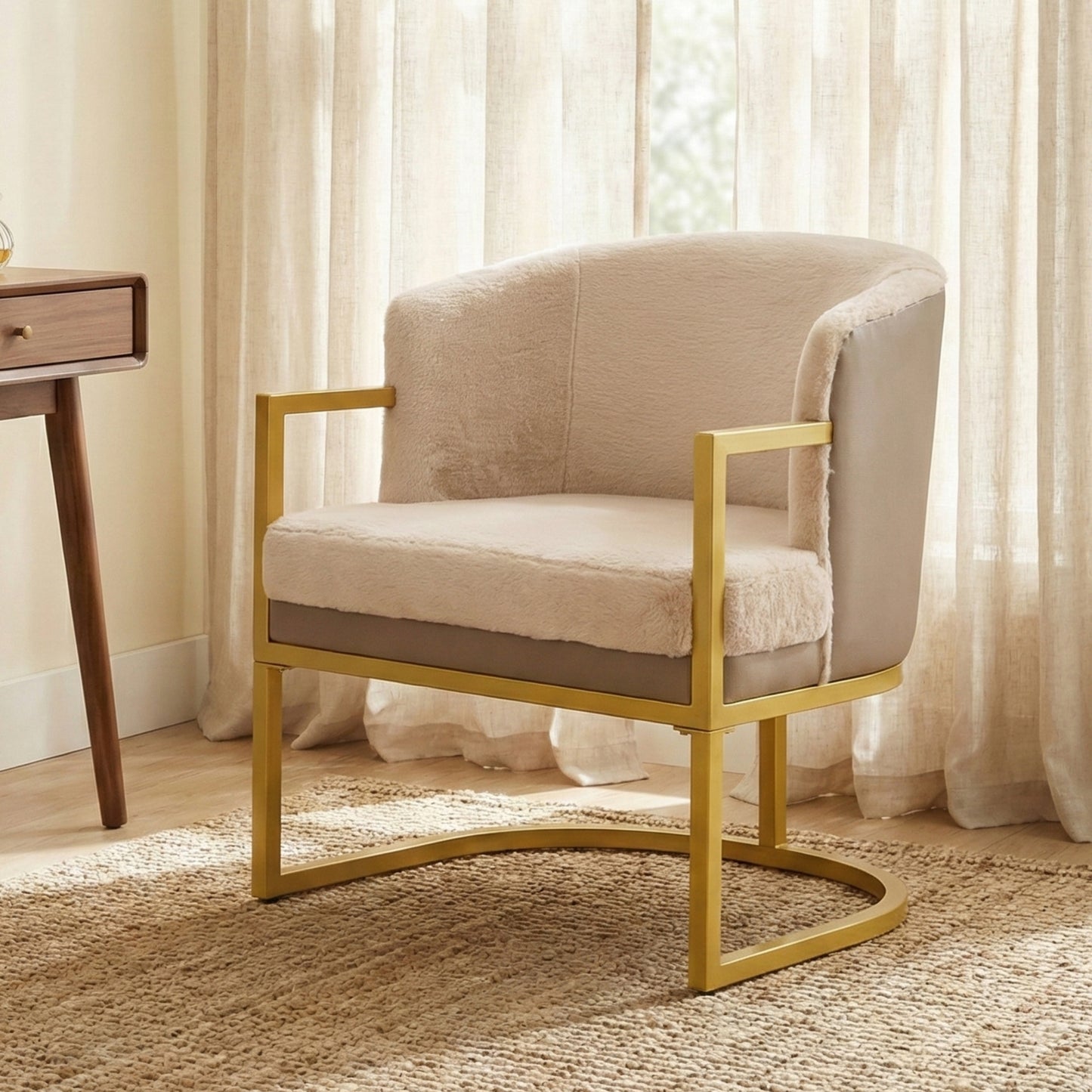 Modern Accent Chair Cozy Armchair Upholstered Reading Chair with Gold Metal Frame Living Room, Bedroom, or Office, Brown