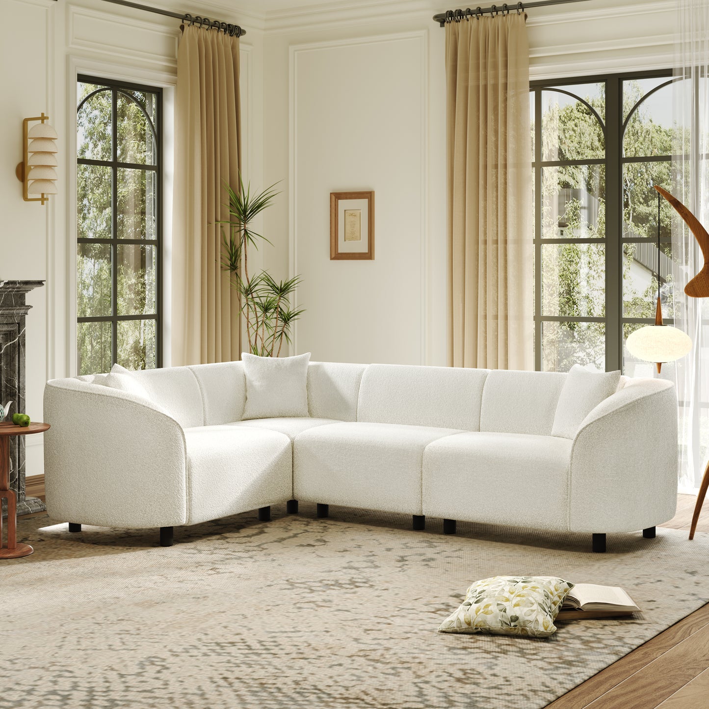 104" L-Shaped Curved Contemporary Sectional Sofa in Beige: Plush 4-Seater, Sculptural Design & Premium Bouclé Upholstery – Modern Luxury for Spacious Living