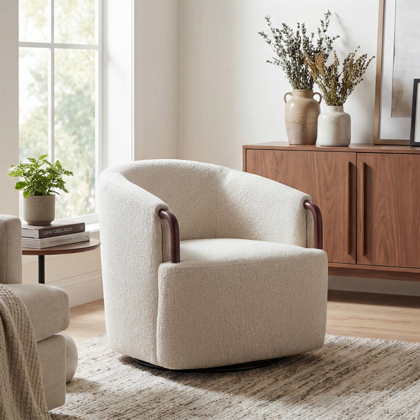 30" Modern Boucle Swivel Barrel Chair with Solid Wood Accents, Soft Durable Upholstery & 360° Swivel Base, Ideal for Living Room, Bedroom, or Office