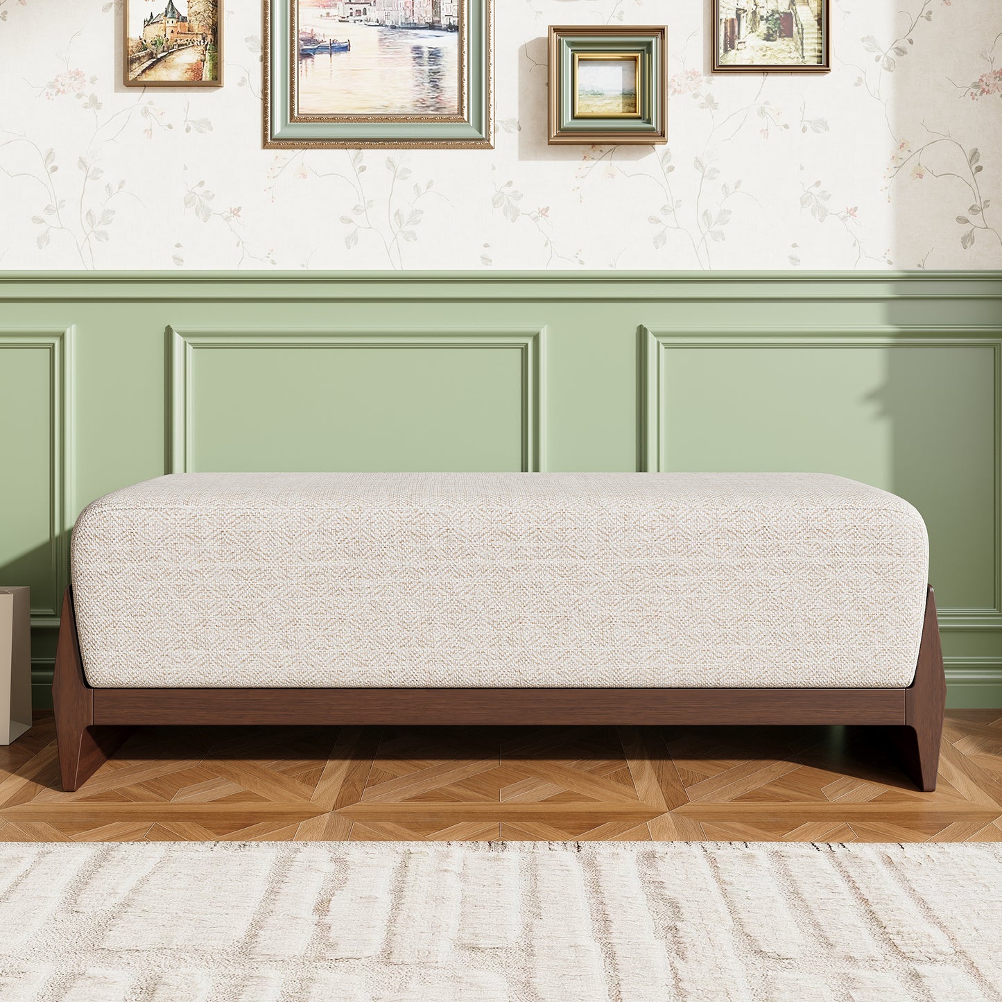 Rubber Solid Wood Bench with Thick Soft Cushions, Can Accommodate Three People