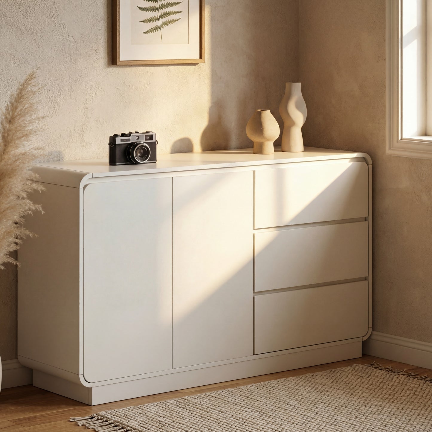 Modern White Sideboard, 55.1'' Wide Storage Cabinet with 2 Doors and 3 Drawers, Versatile Dining Room,Living Room
