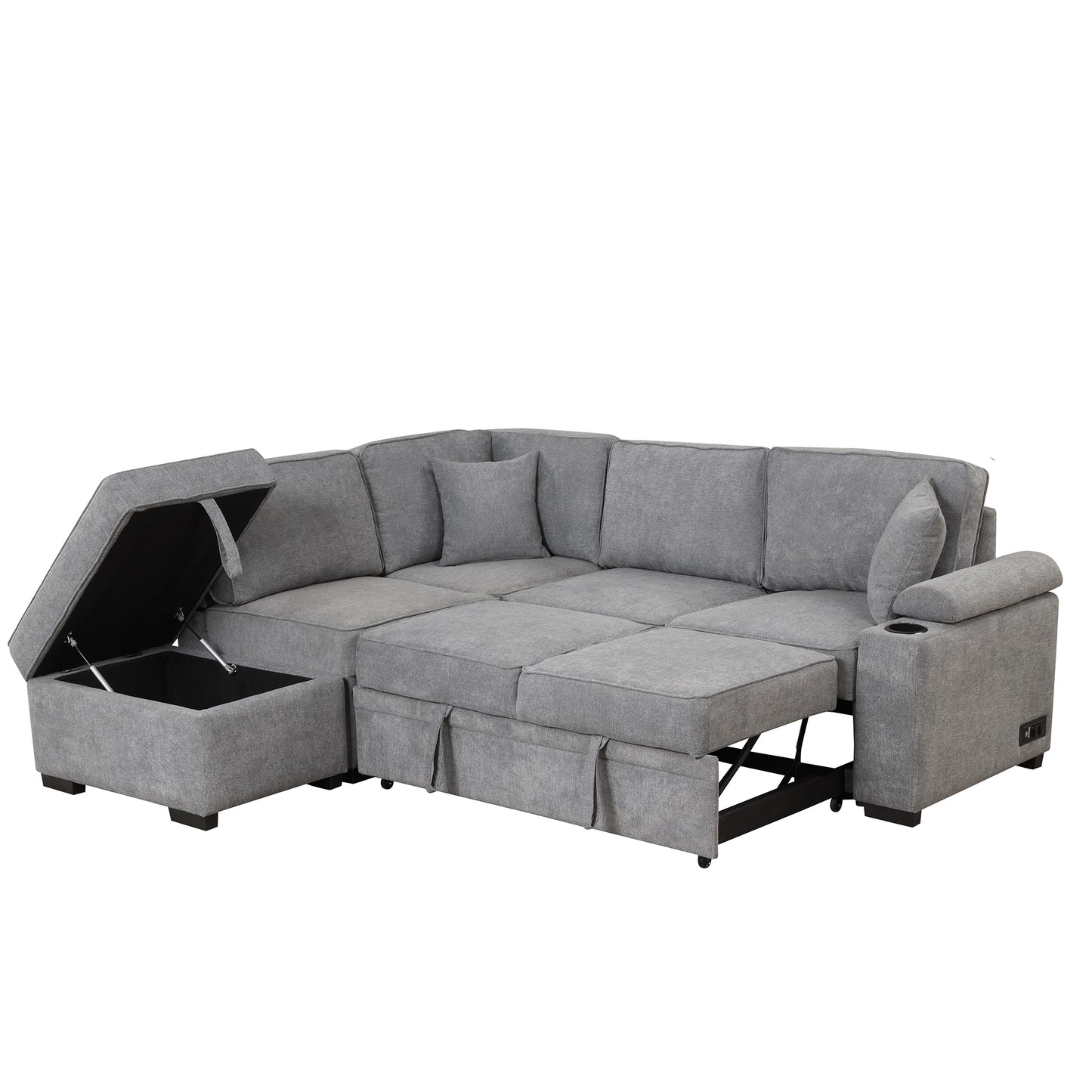 84" Gray Linen Sofa Bed with Storage Ottoman for Living Room