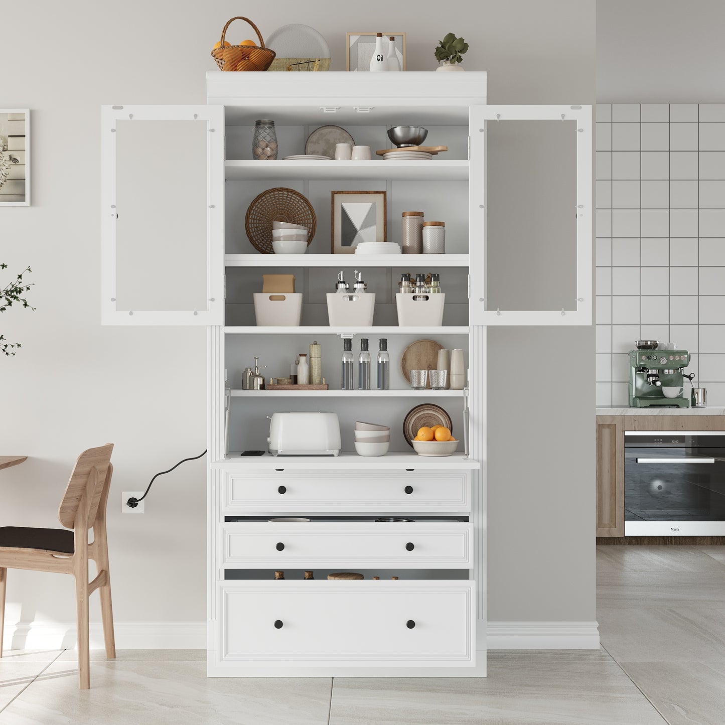 White Farmhouse Kitchen Pantry Cabinet - 78 Inch Storage