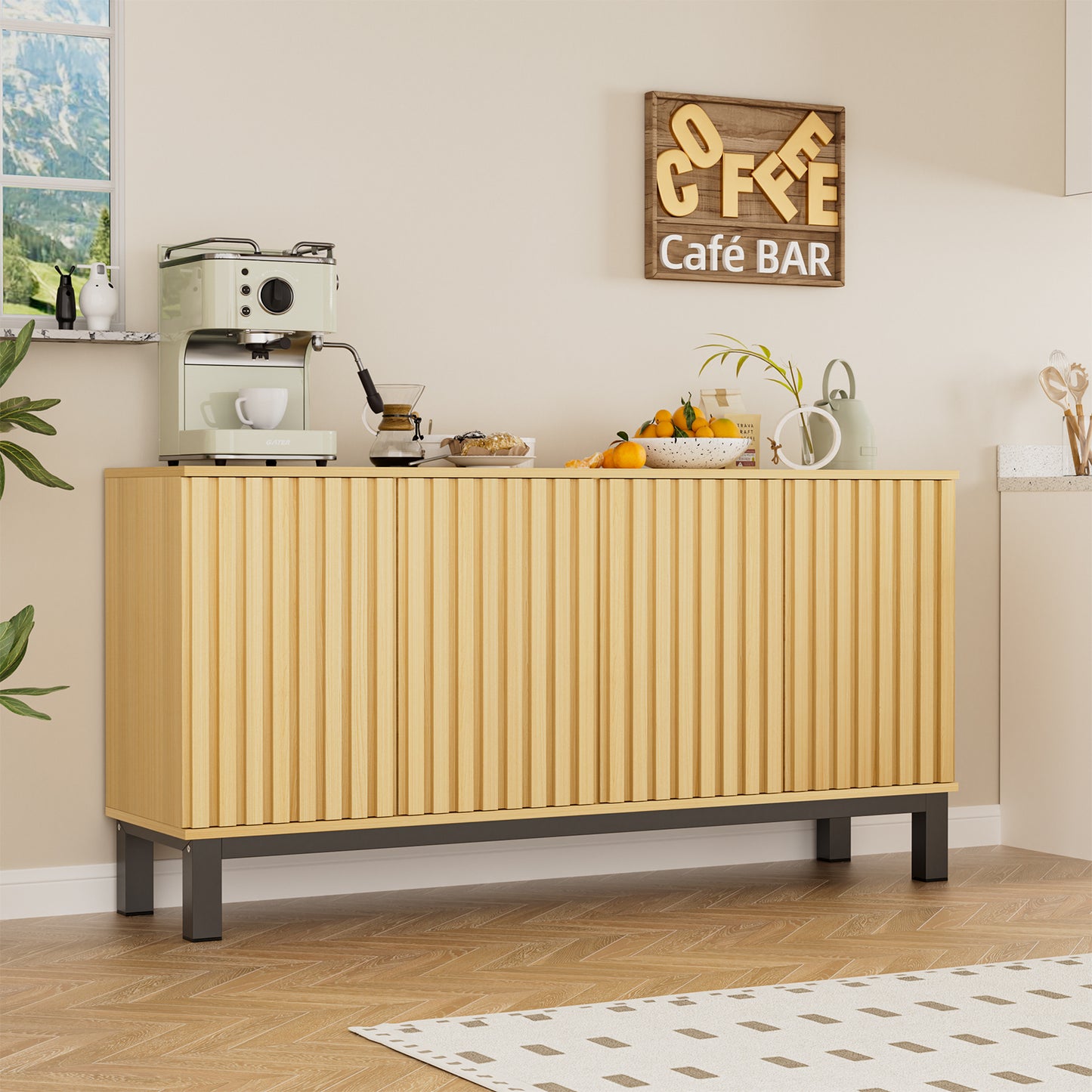 Sideboard Storage Cabinet, Fluted Credenza Buffet Cabinet with Doors and Shelves for Kitchen and Living Room, Walnut