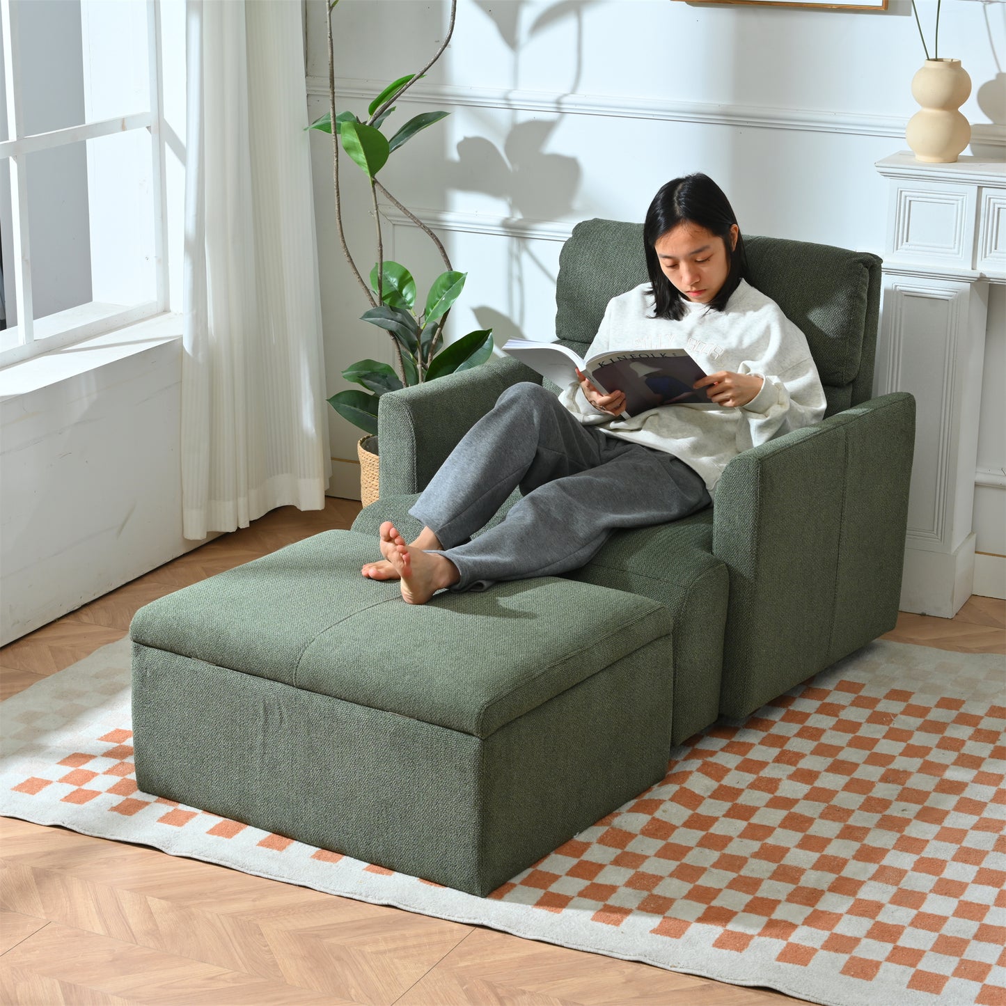 Oversized Chair w/Storage Ottoman, Wide Accent Armchair Chair for Living Room, Modern Lounge Chair, Upholstered Mid-Century Reading Chair, Comfy Living Room Chair, Deep Seat Sofa Couch(Dark Green)