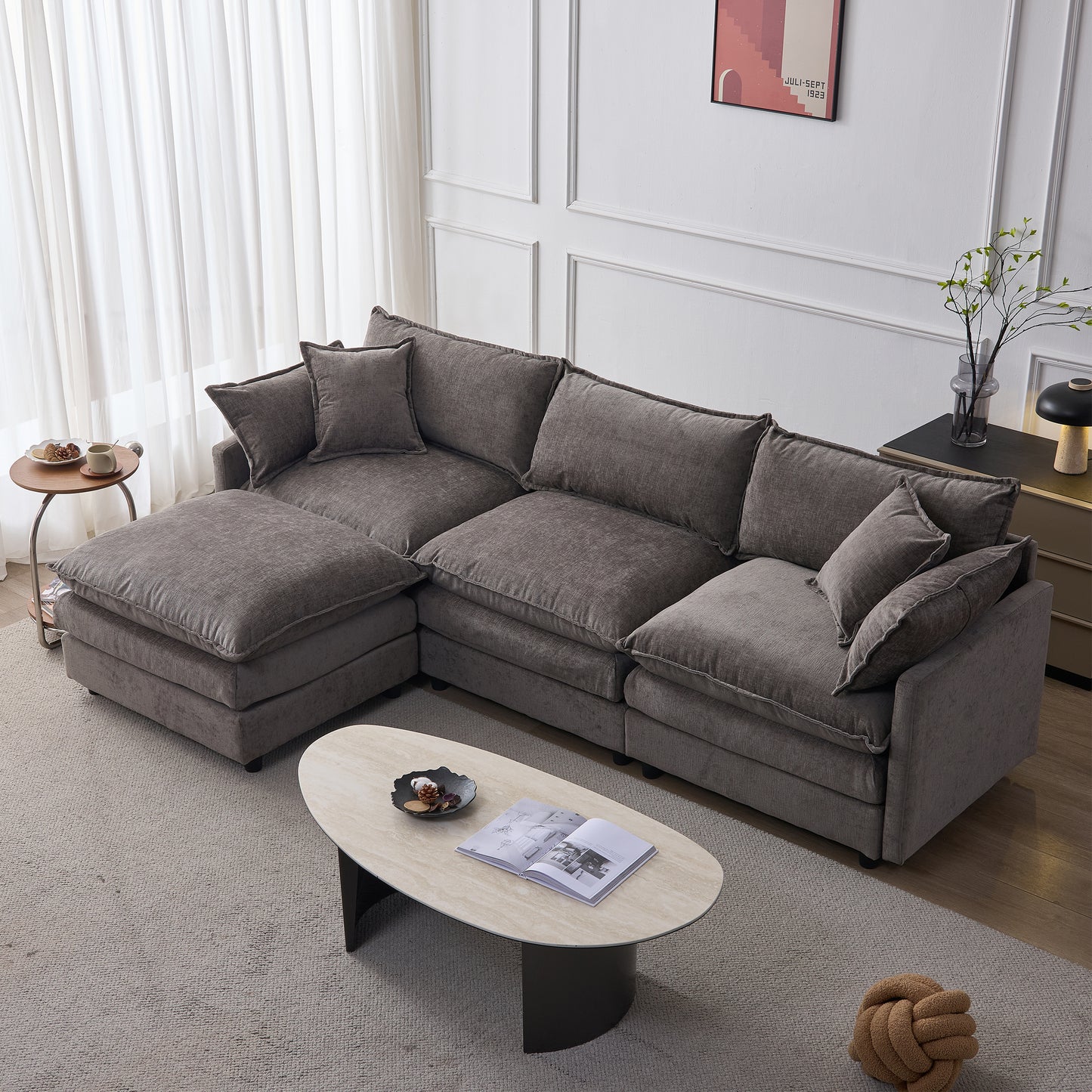 105" Modular Sectional Couch,Upholstered Soft Chenille Fabric Sofa,3 Seater with Ottoman L Shape Sofa Grey