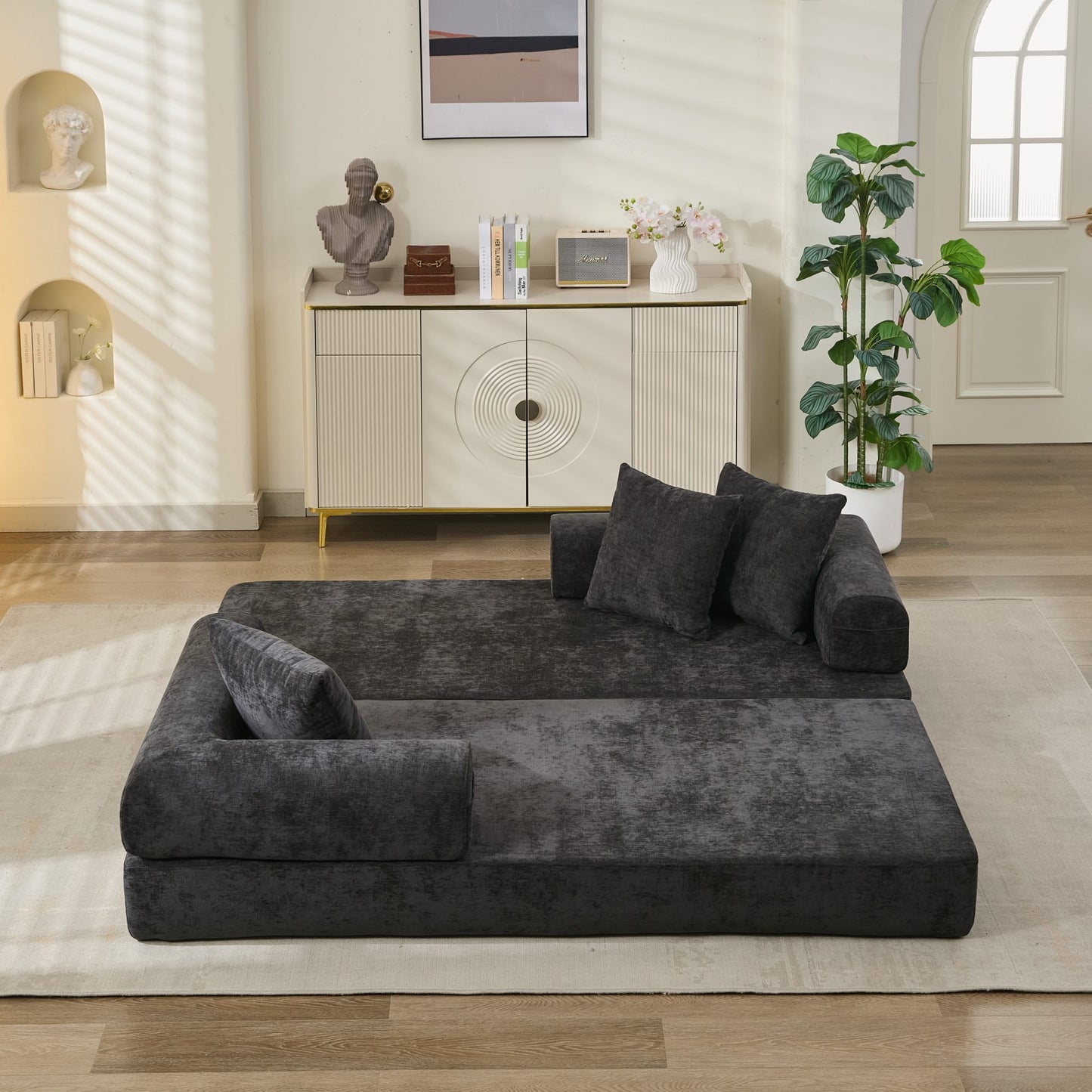 Black Chenille Sofa Bed - Converts to Floor Sofa for Living Room
