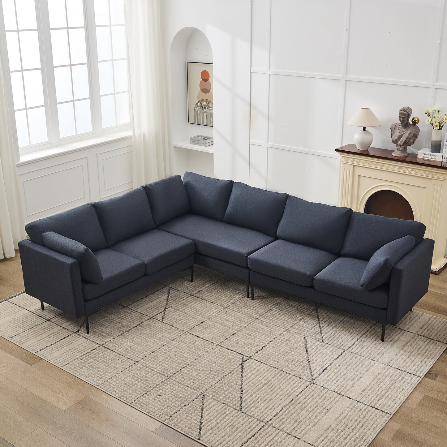 106" W Sectional L Shaped Sofa Couch Set for Living Room, Convertible Oversized 6-Seat Corner Sofa Sets with 2 Pillows, Modern Linen Sofas with Metal Legs for Living Room Apartment