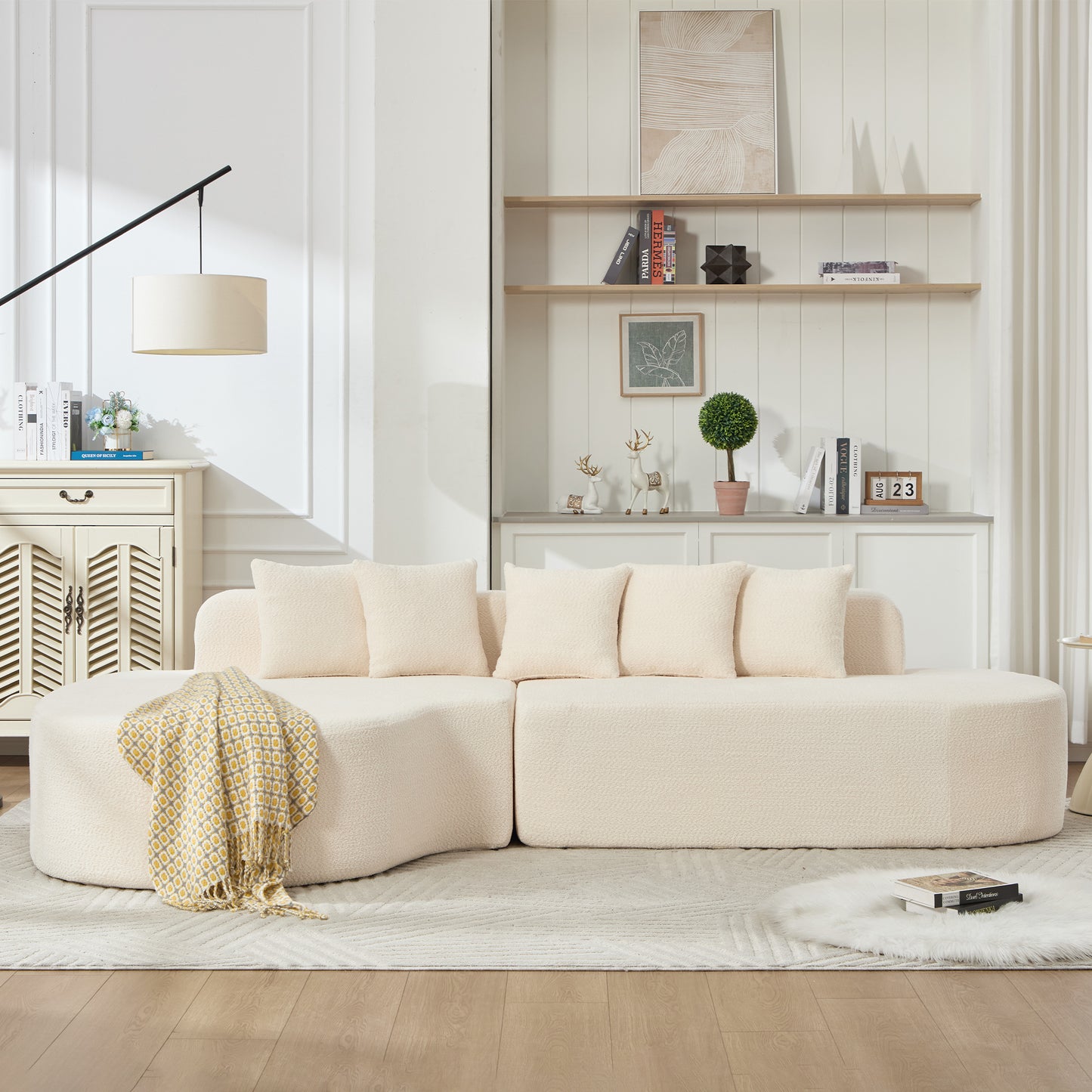 110.2'' * 62" Boneless Couches for Living Room, Sectional Curved Sofa with5 Pillows, L-Shape Boneless Couch with Deep Seat, High-Density Memory Foam, No Assembly Required, (IVORY)