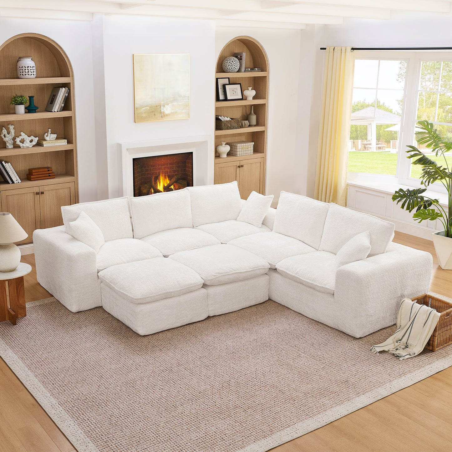 107'' Modern Boucle L-shaped Sectional Sofa with Two Moveable Ottomans for Living Room, Comfy Cloud Couch with Pillows, DIY Combination