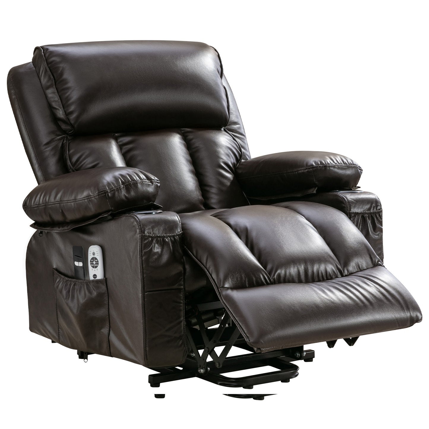 Brown Leather Power Recliner Chair - Remote Lift Massage