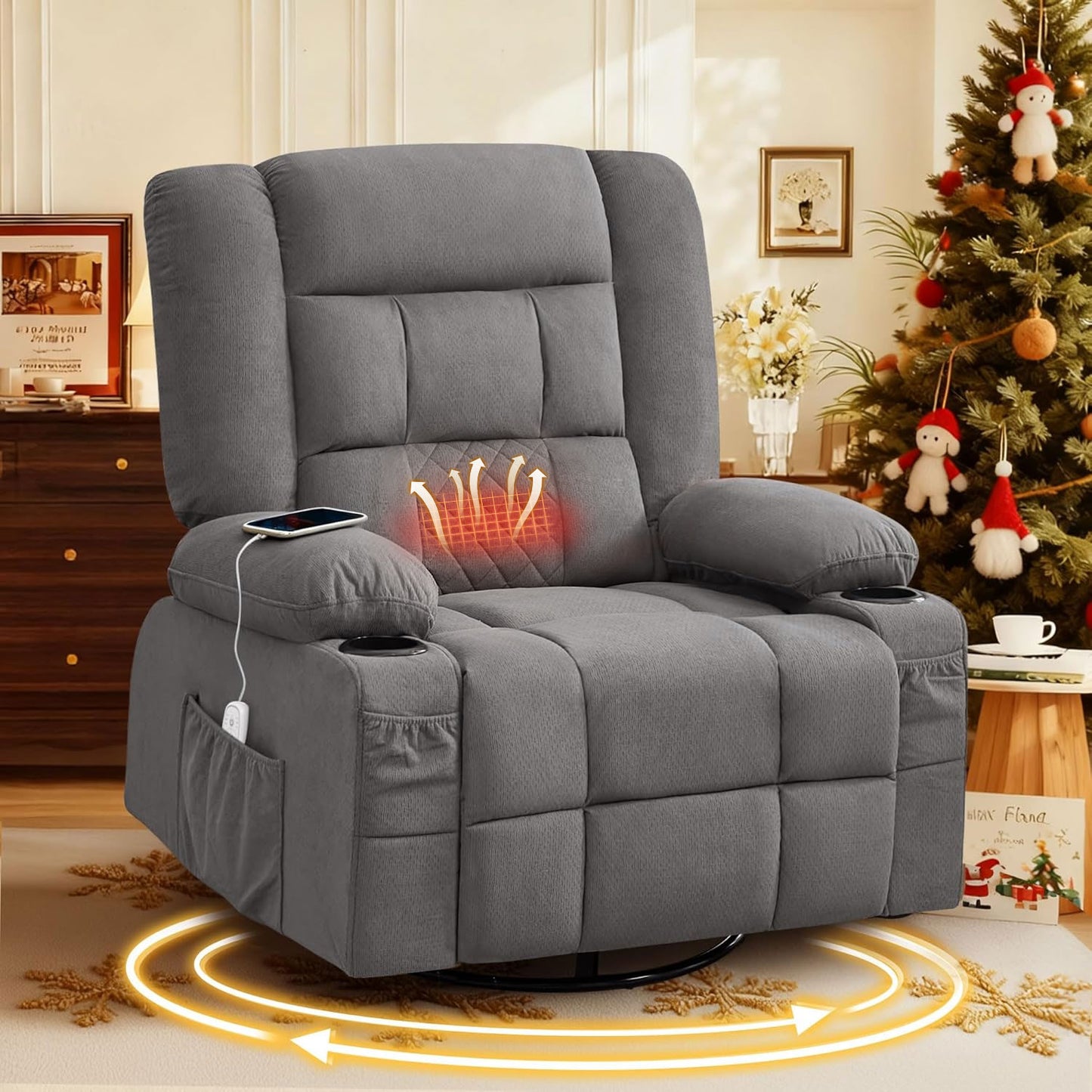 Kneading Massage Rocker Recliner Chair with 4-Point 3D Kneading Massage and Heat for Living Room with Rocking Function and 2 Cup Holders, USB Charge Port