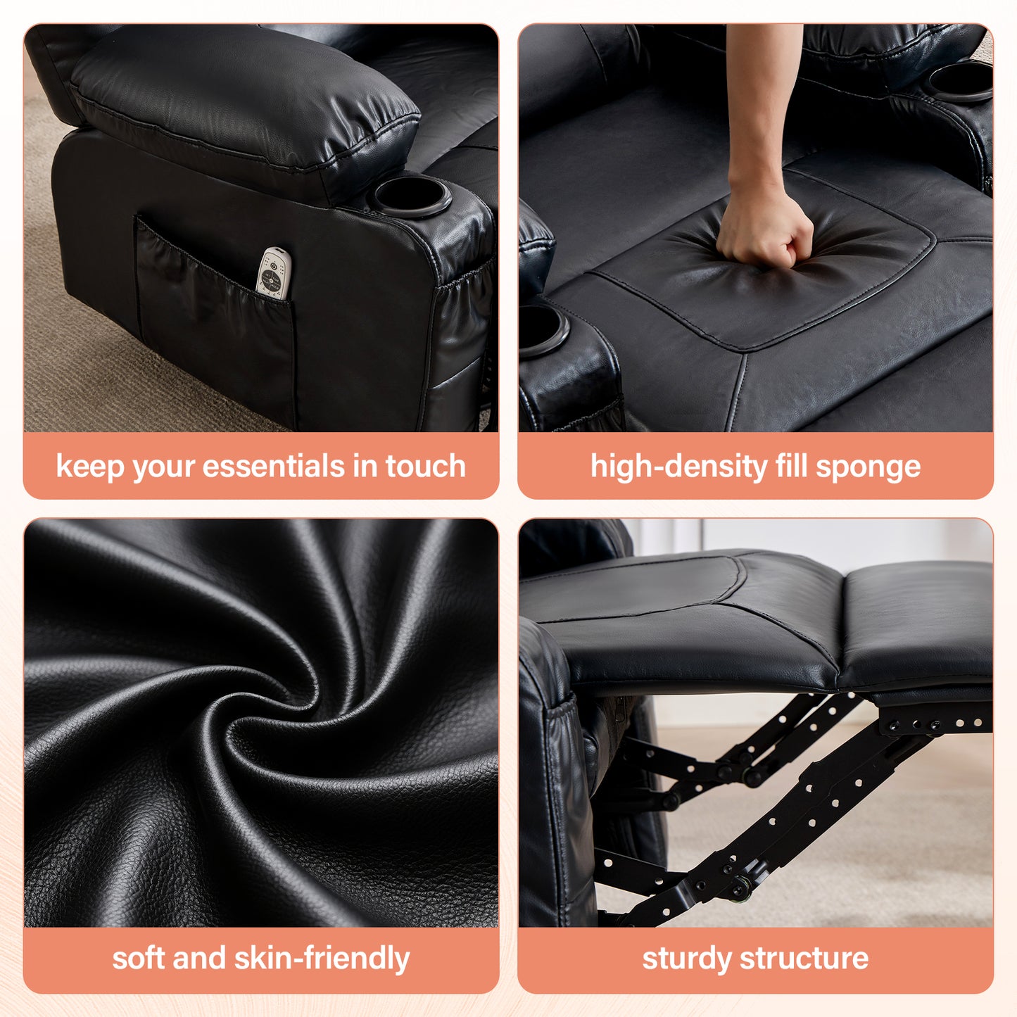 Black Leather Recliner Chair - 360° Swivel Rocker with Massage & Heat