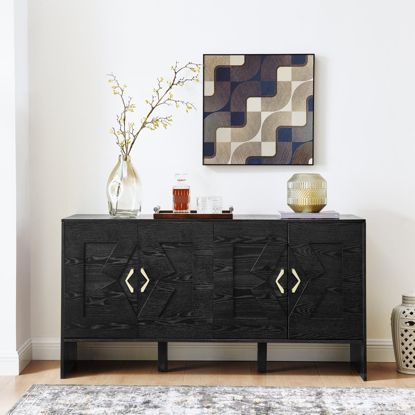 60" Mid Century Modern Sideboard Buffet Cabinet with Storage, TV Media Console, Storage Cabinet with Geometric Pattern & Adjustable Shelves for Kitchen Dining Living Room Entryway Hallway, Black