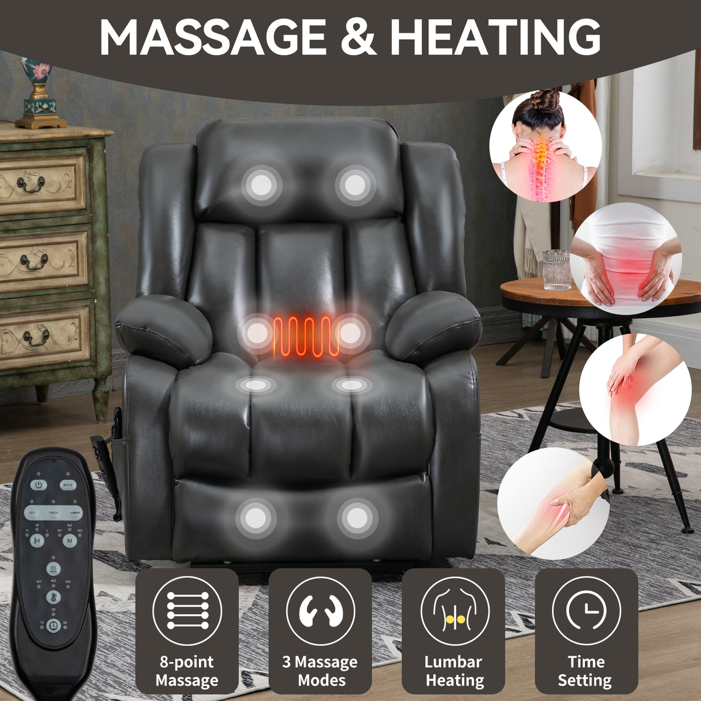 Grey Power Lift Recliner: Massage & Heat Comfort