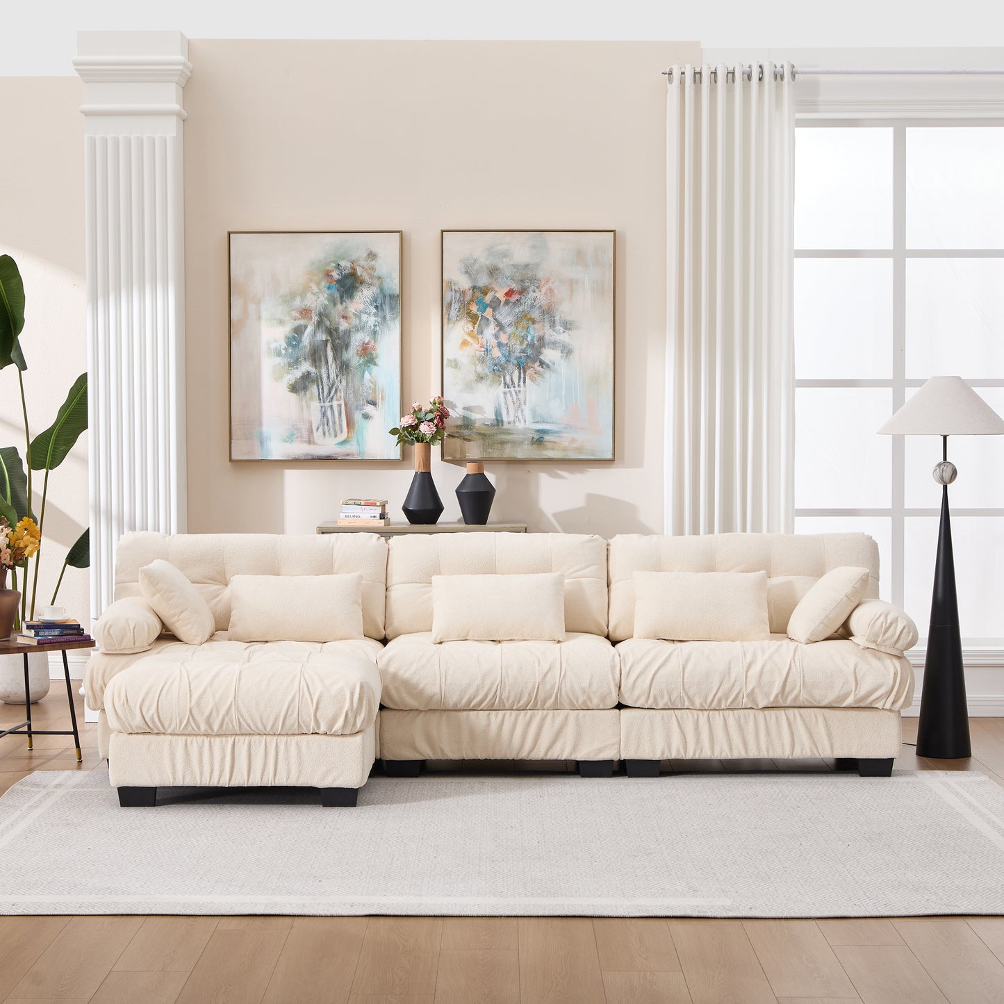 Modular Sectional Sofa,Cloud Couch, L Shaped Couch with Movable Ottoman, Modern Deep Seat Couches for Living Room, Oversized 3-Seater Sofa Comfy advanced flannelette Sofas for Bedroom,5 Pillows