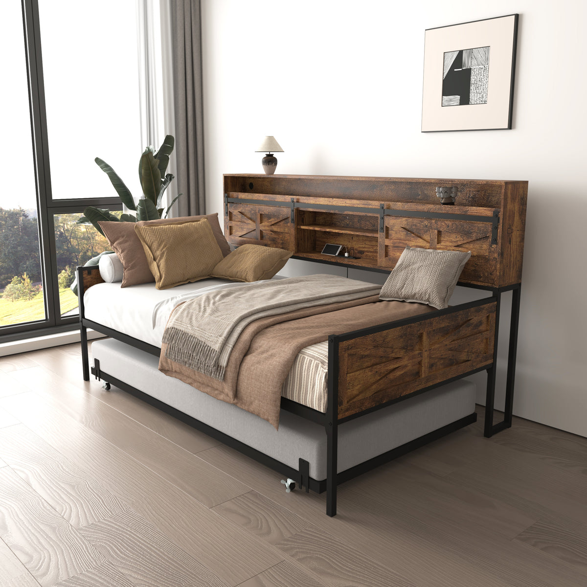 Black Brown Sofa Bed Daybed with Storage & Charging for Living Room