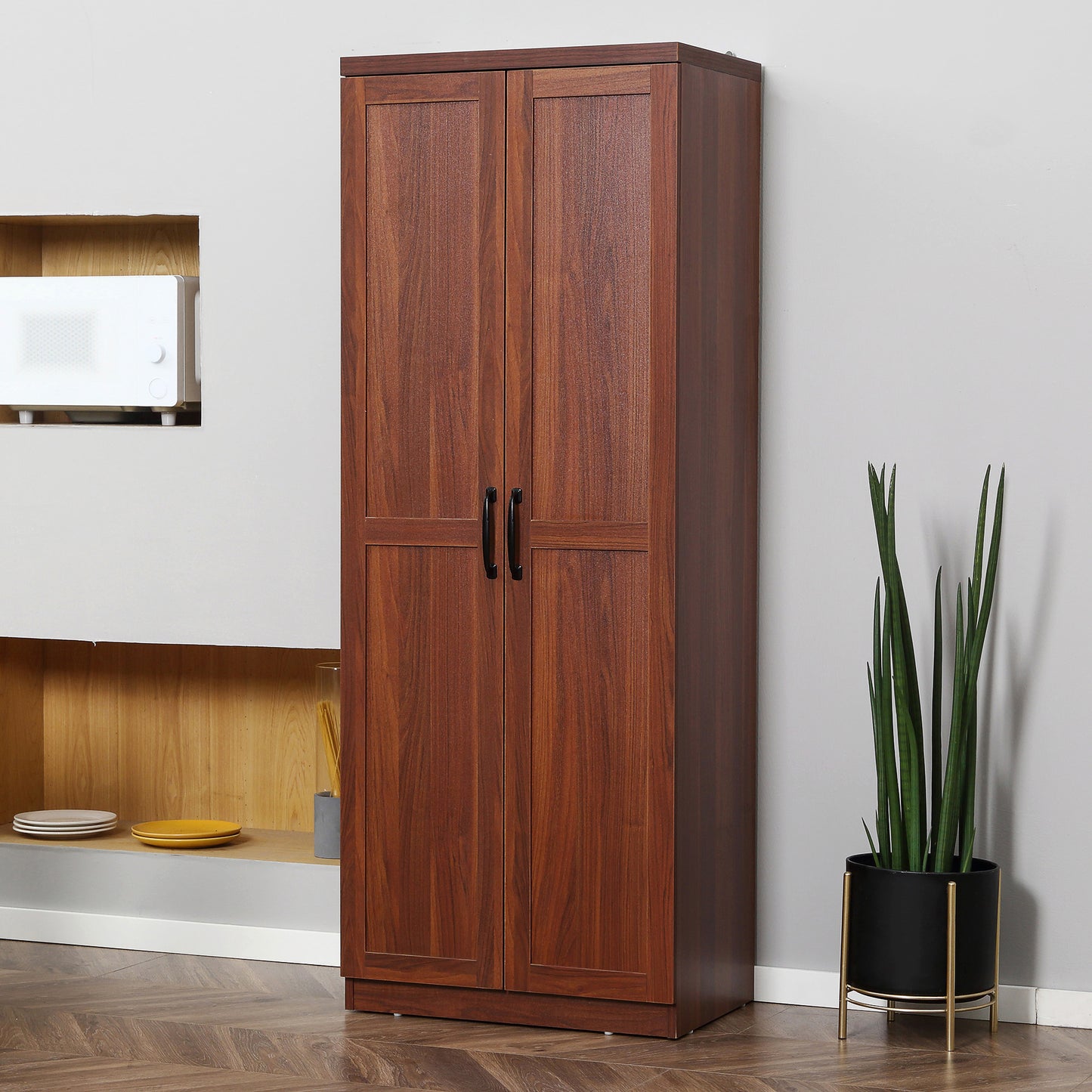 Brown Particle Board Kitchen Storage Cabinet with Adjustable Shelves for Dining Room
