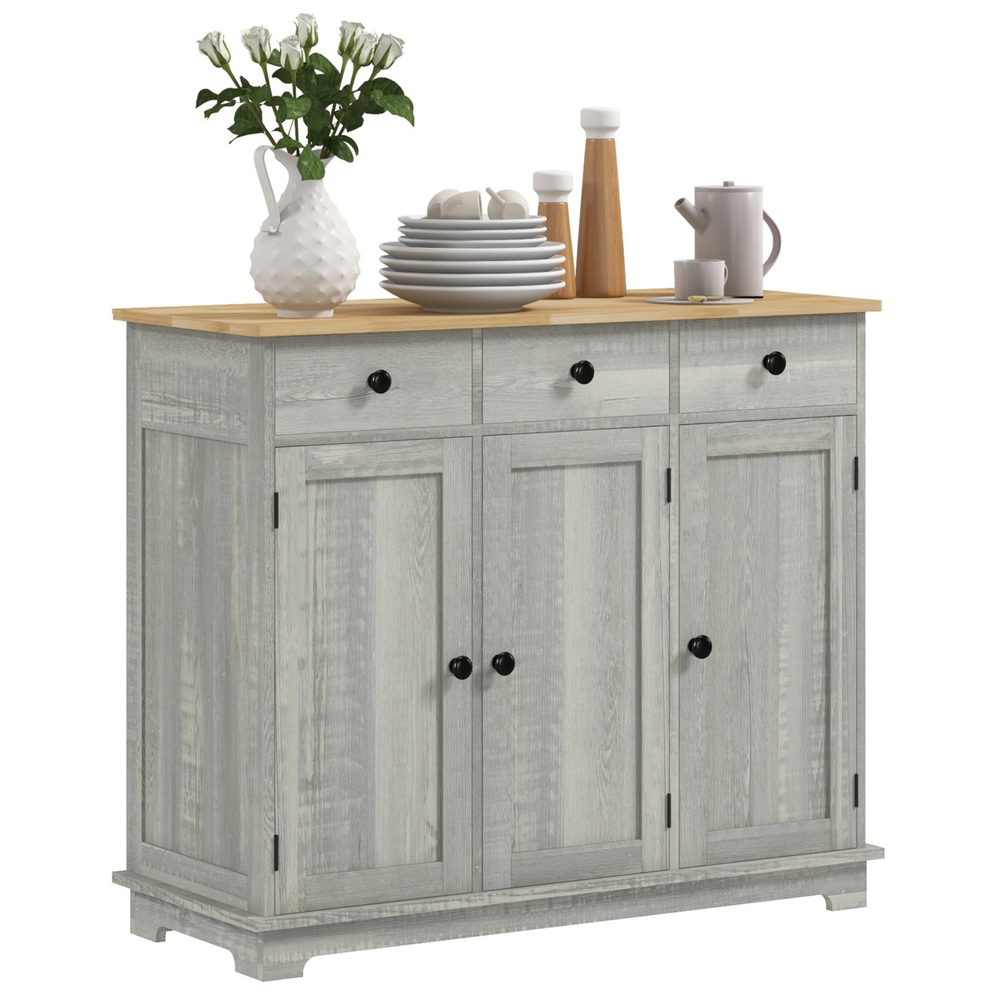 HOMCOM Sideboard with Solid Wood Countertop, Modern Kitchen Storage Cabinet, Coffee Bar Cabinet with 3 Drawers, Doors and Adjustable Shelf, Distressed Light Gray