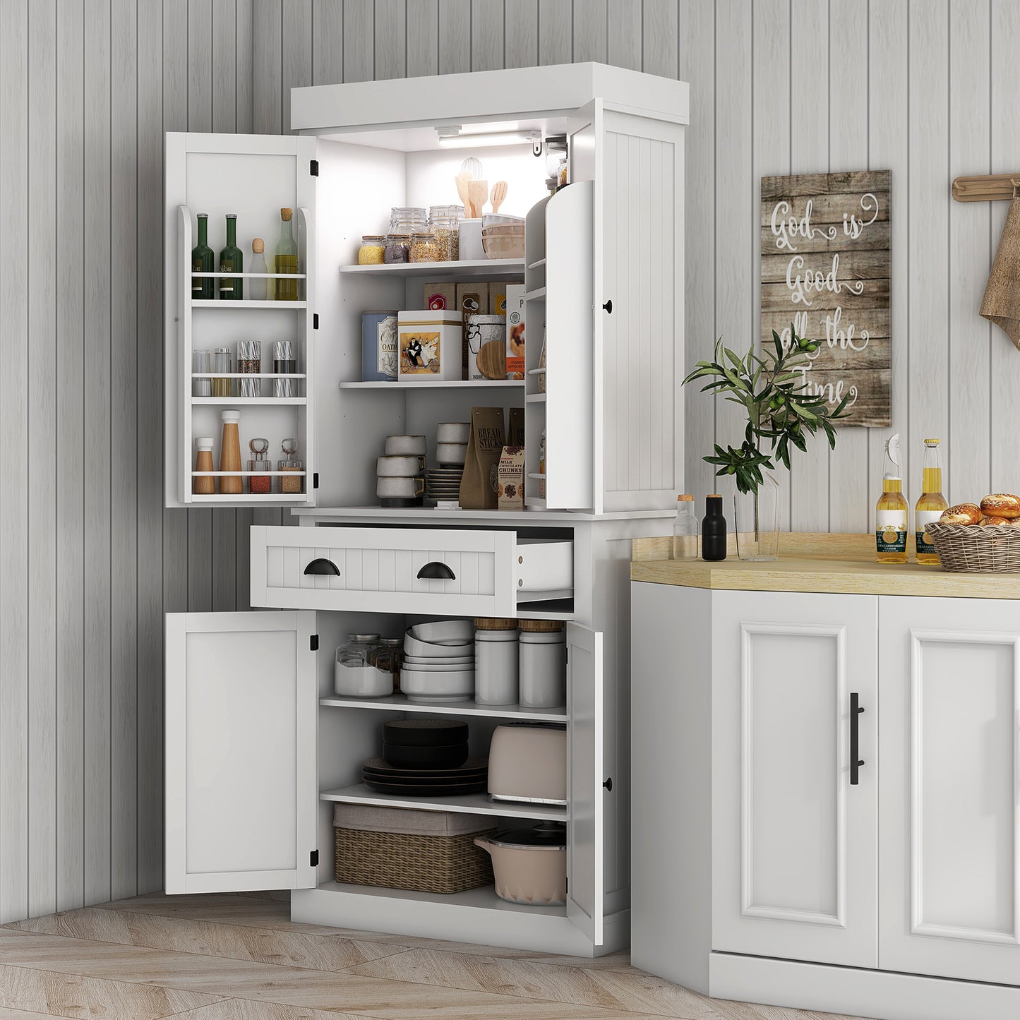 White Kitchen Pantry Cabinet with LED Light - 71" Tall Storage