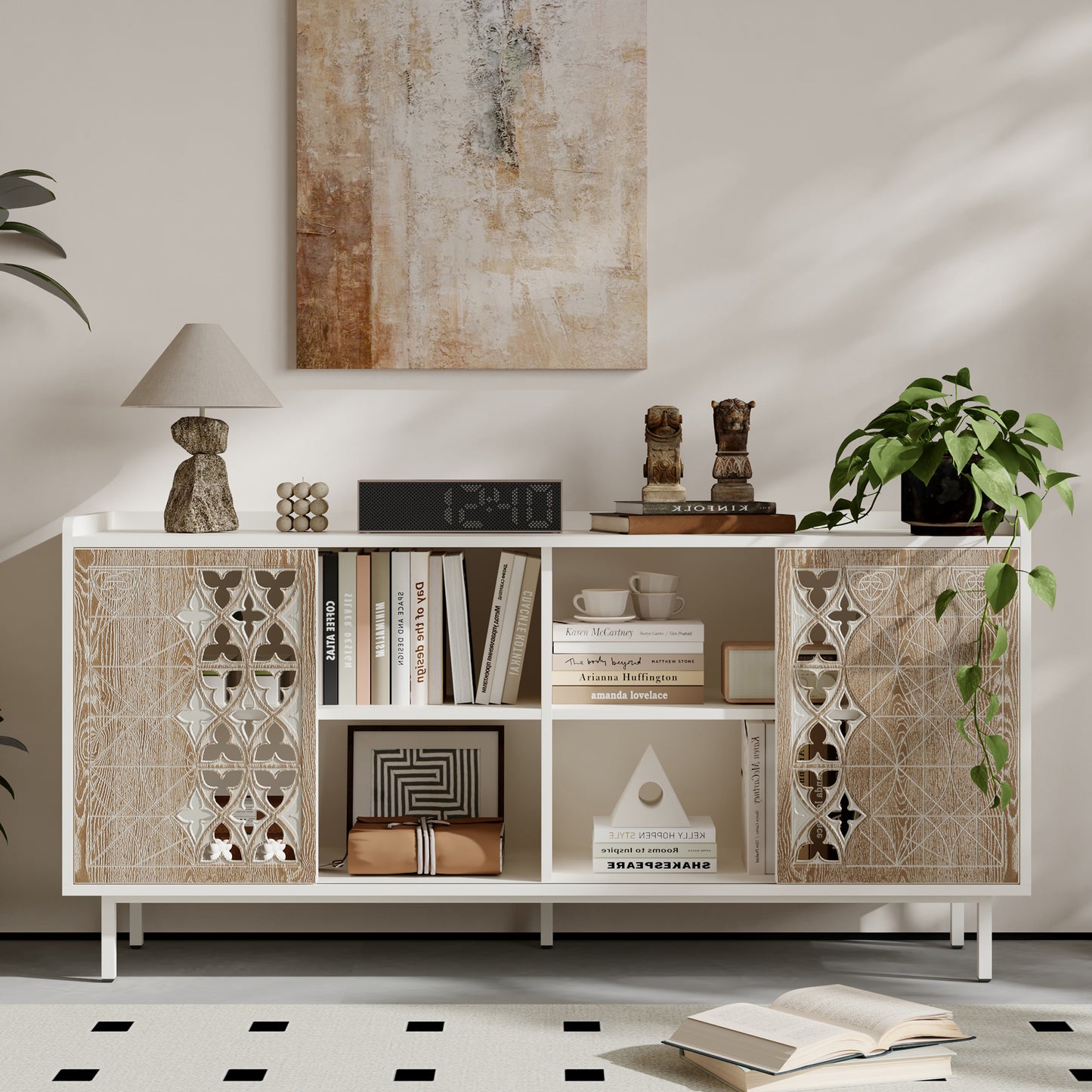 Sicotas Mid Century Sideboard Storage Rustic Sliding Door Solid Wood Cabinet for Living Room Decorative TV Buffet and Storage for TV Stand,Sideboards,Accent Cabinets