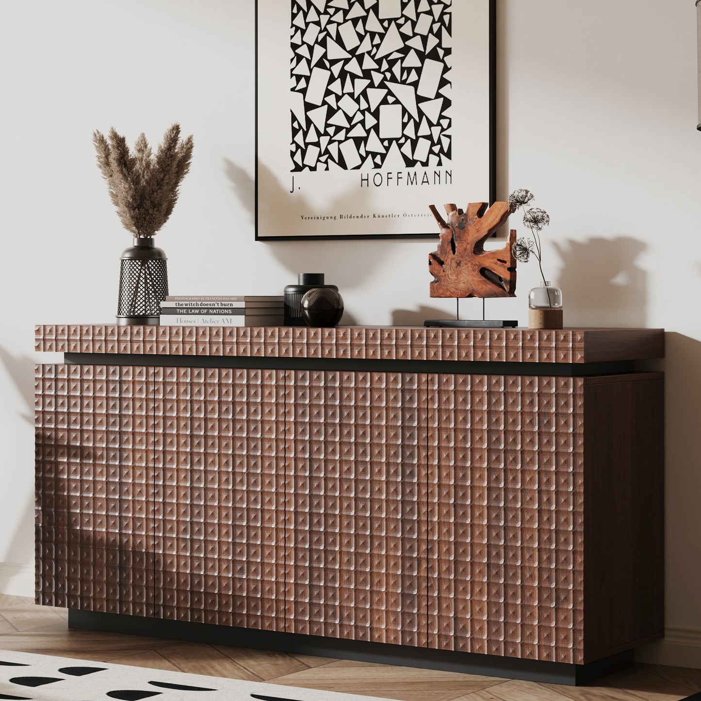 Sideboard Buffet Cabinet,Modern Accent Storage Sideboard, Luxurious Floor Cabinet Buffet with Freestanding Anti Dumping for Kitchen, Living Room, Entryway, Hallway,58.3" Wide 4-Door Sideboard(Brown)