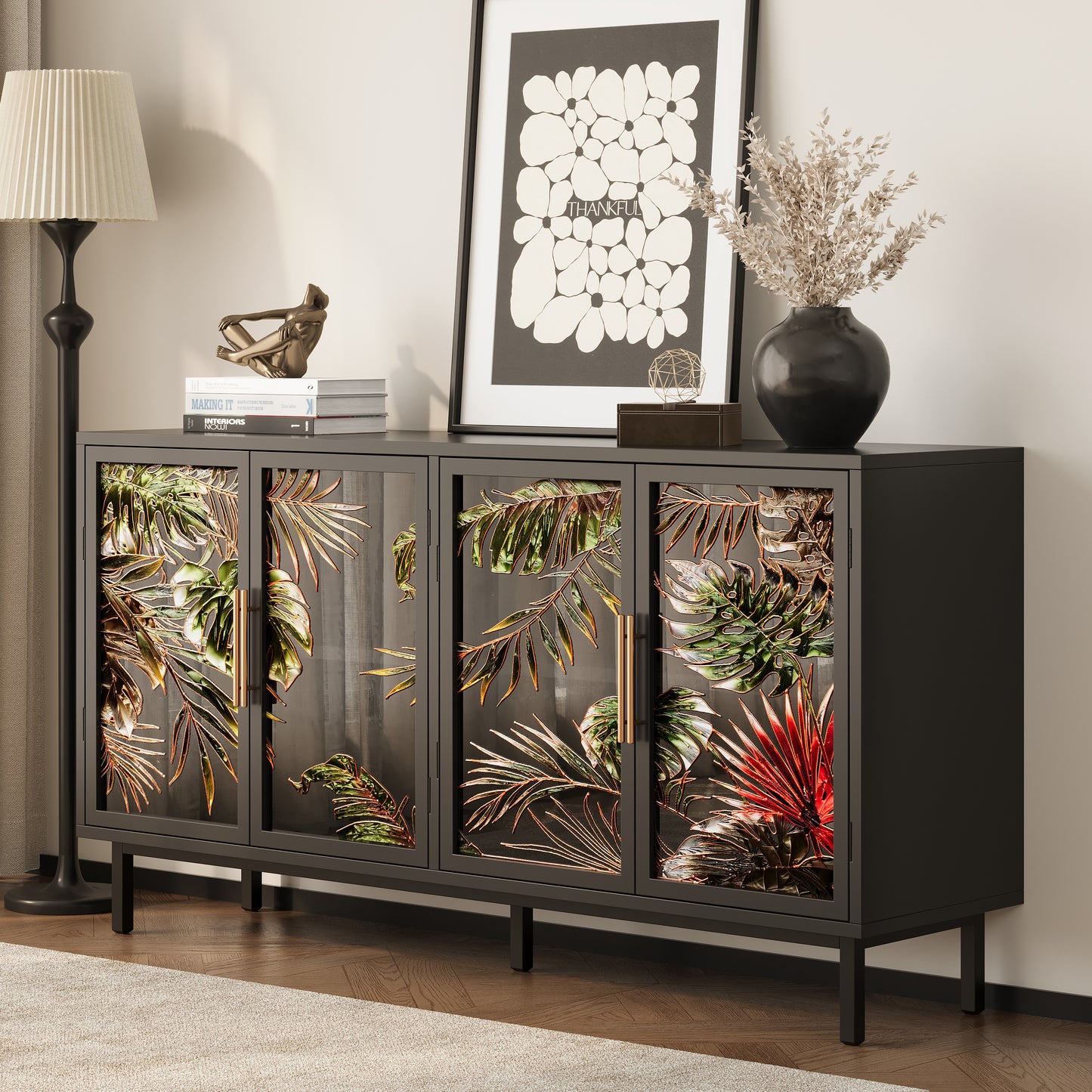 60.3" with 4 doors for Buffet Cabinets, Glazed painting art storage Cabinets, American retro control Console Table decorative Cabinets, Living room, Bedroom, Dining room