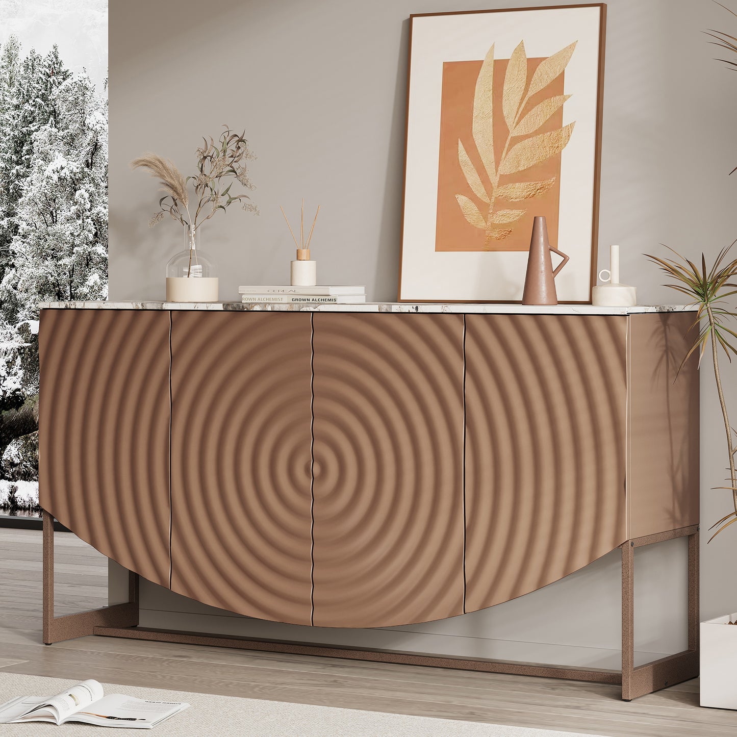 Unique 3 D wave texture sideboard, marble-like sticker counter top, modern luxury style, multi-functional living room and dining room storage sideboard buffet cabinet