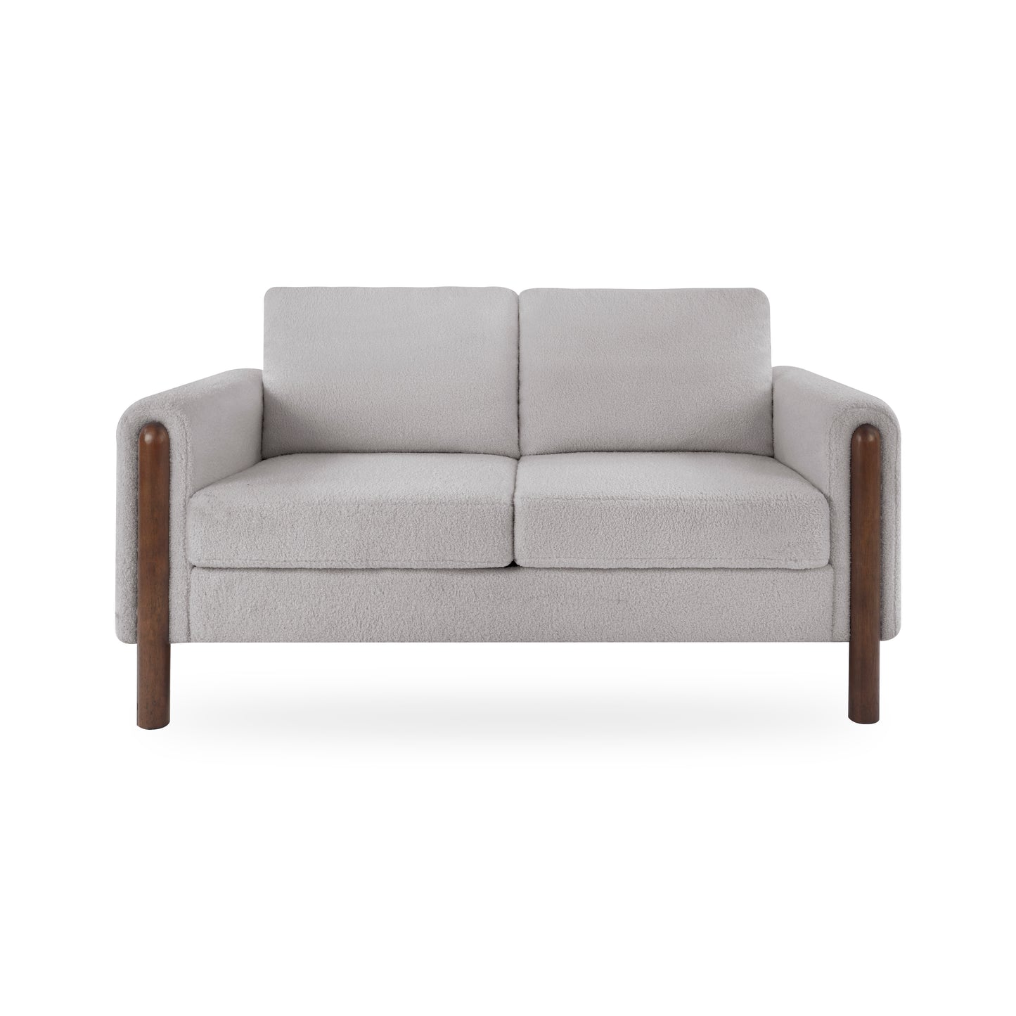 Comfy Mid-century modern loveseat small space 2-seater sofa for living room bedroom or office with walnut legs back pillows teddy fabric in green/white/grey colors