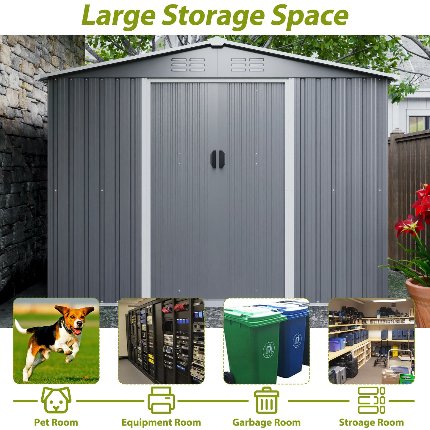 Gray Metal Storage Shed for Garden or Poolside Use, All Weather