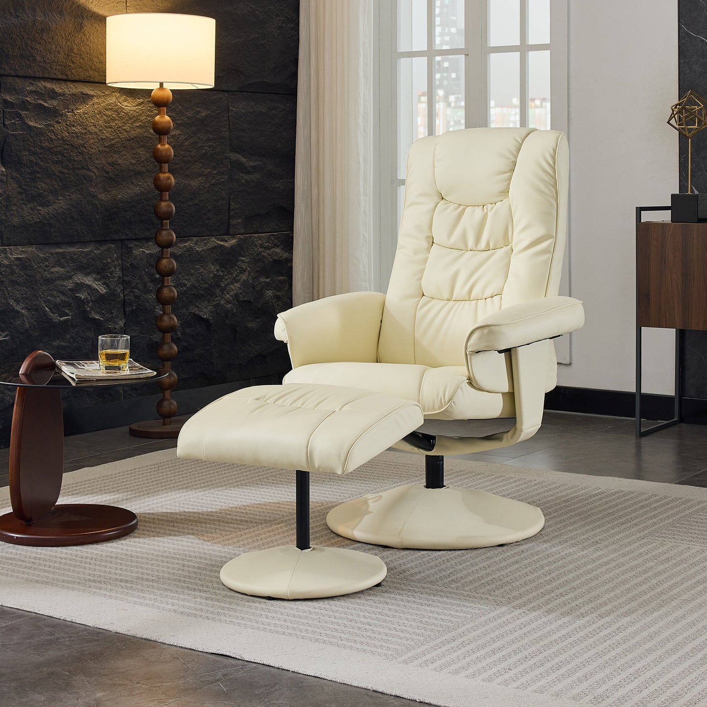 015-Recliner Chair with Ottoman - 360° Swivel Massage Lounge Chair with 5-Point Vibration & Heated Seat, 140° Adjustable PU Leather Recliner for Living Room, Home Theater or Office, Beige
