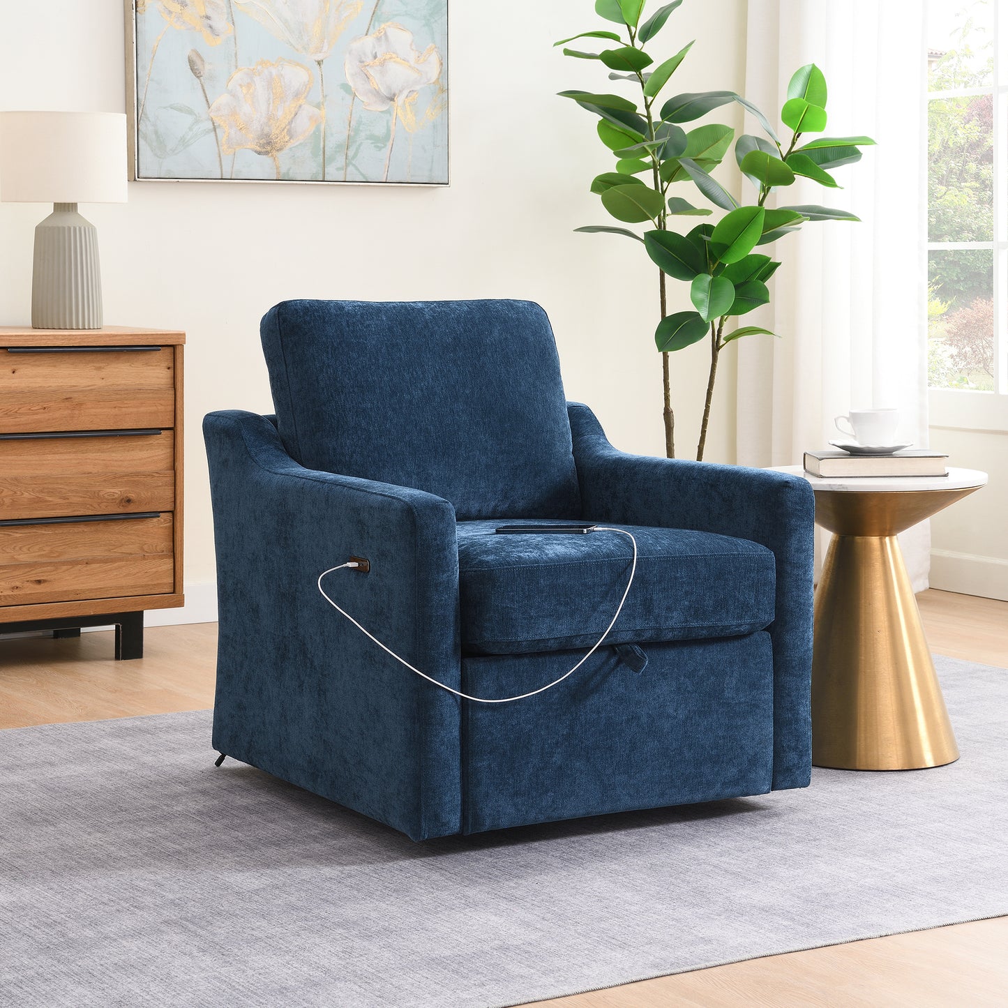 Swivel Arm Chair with Soft Chenille Fabric, Comfy Accent Chair for Living Room. Bedroom .Reading Waitingroom, With USB+TYPE-C charging and book pocket, 1 PC, Navy Blue