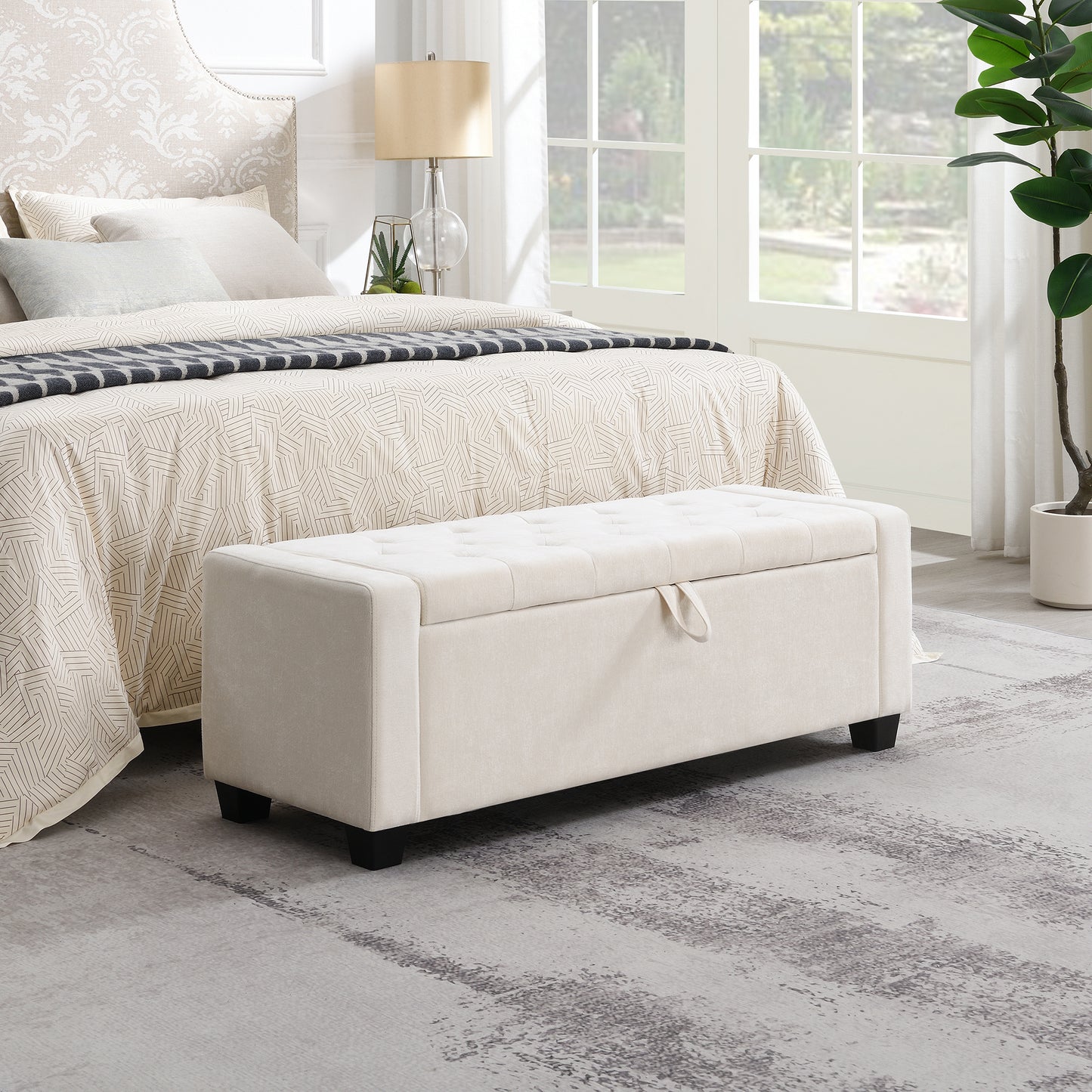 48" Ottoman with Storage, Storage Ottoman Bench with Safety Hinge, Upholstered Entryway Bench with Seating for Bedroom, Living Room, Hold up to 350 lb, Beige