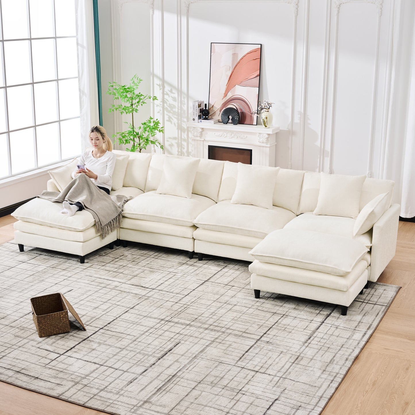 140.9-inch U-shaped modular sectional sofa, suitable for living room or bedroom. It comes with 2 movable ottomans, 4 cushions and 2 throw pillows. Made of soft cashmere fabric, in beige