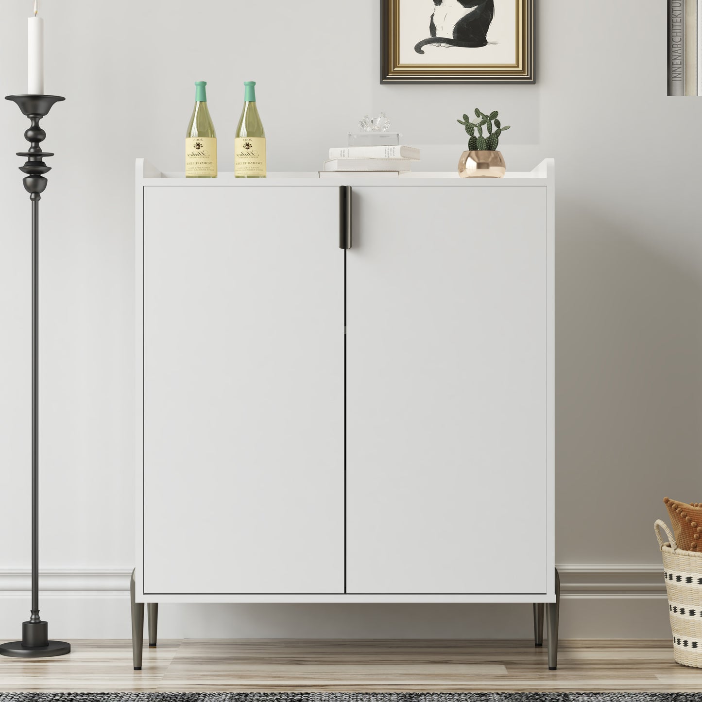 2 doors home wine bar cabinet with wine rack & adjustable storage shelf, modern sideboard with soft-closing hinge, dinning room buffet cabinet, Liquor Cabinet kitchen, living room coffee cart White