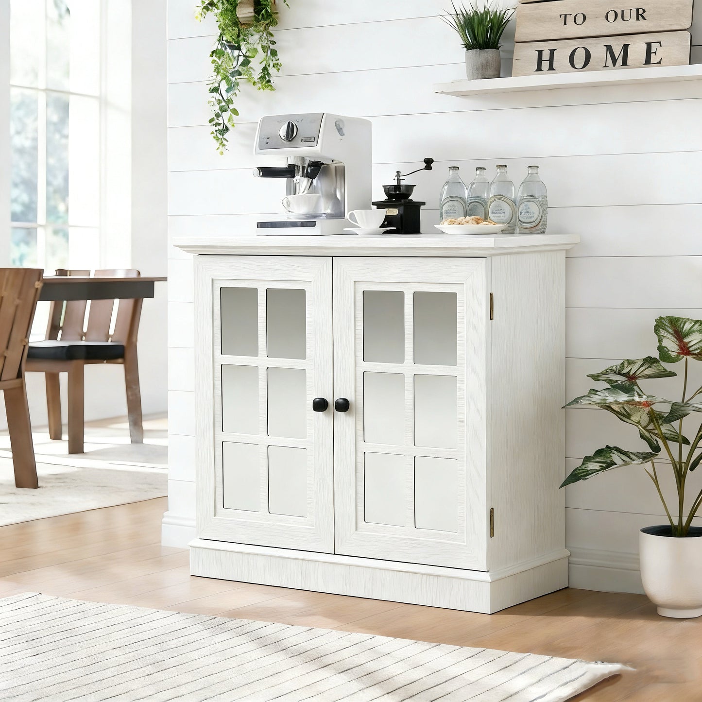 Storage sideboard cabinet with 2 decorative acrylic mirrored doors, adjustable shelf for dining room, living room, kitchen, metal handles, MDF white 3D wood grain finish