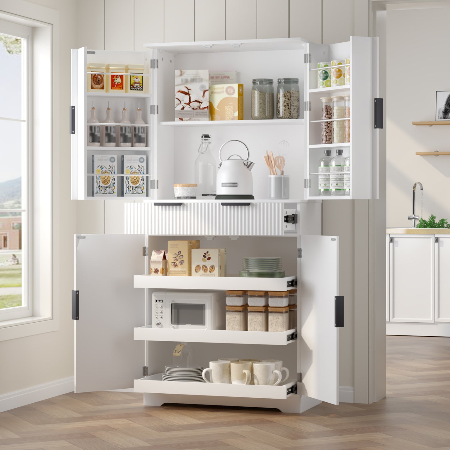 72" Fluted Kitchen Pantry Cabinet with 3 Keyboard Drawers & 6 Door Shelves Adjustable, Freestanding Cupboard Storage Cabinet for Bathroom, Diningroom, Office, Entryway, White