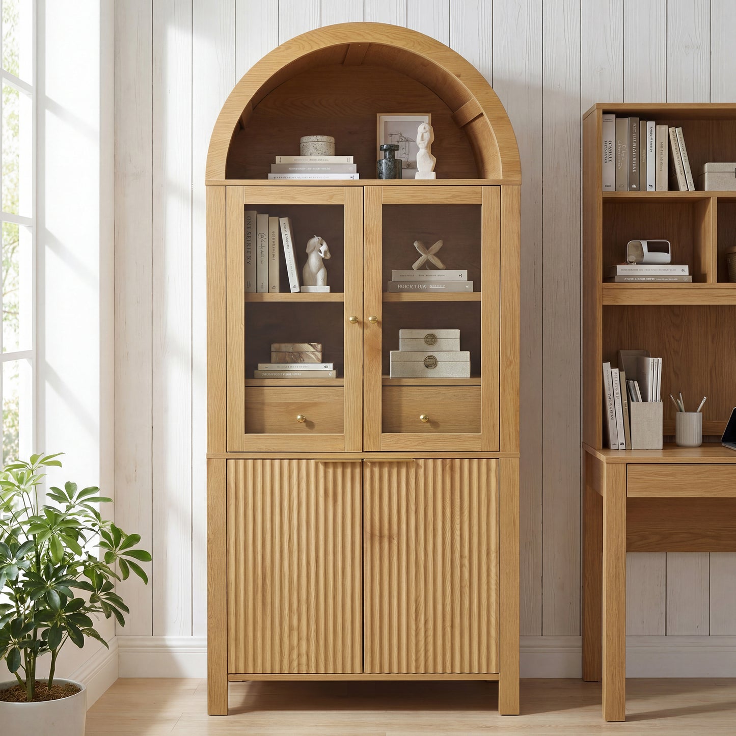 71" Fluted Tall Arched Pantry Cabinet with Adjustable Shelves, Elegant Display Storage with Hidden Drawer & Glass Door for Kitchen, Living Room, Dining Room, Oak