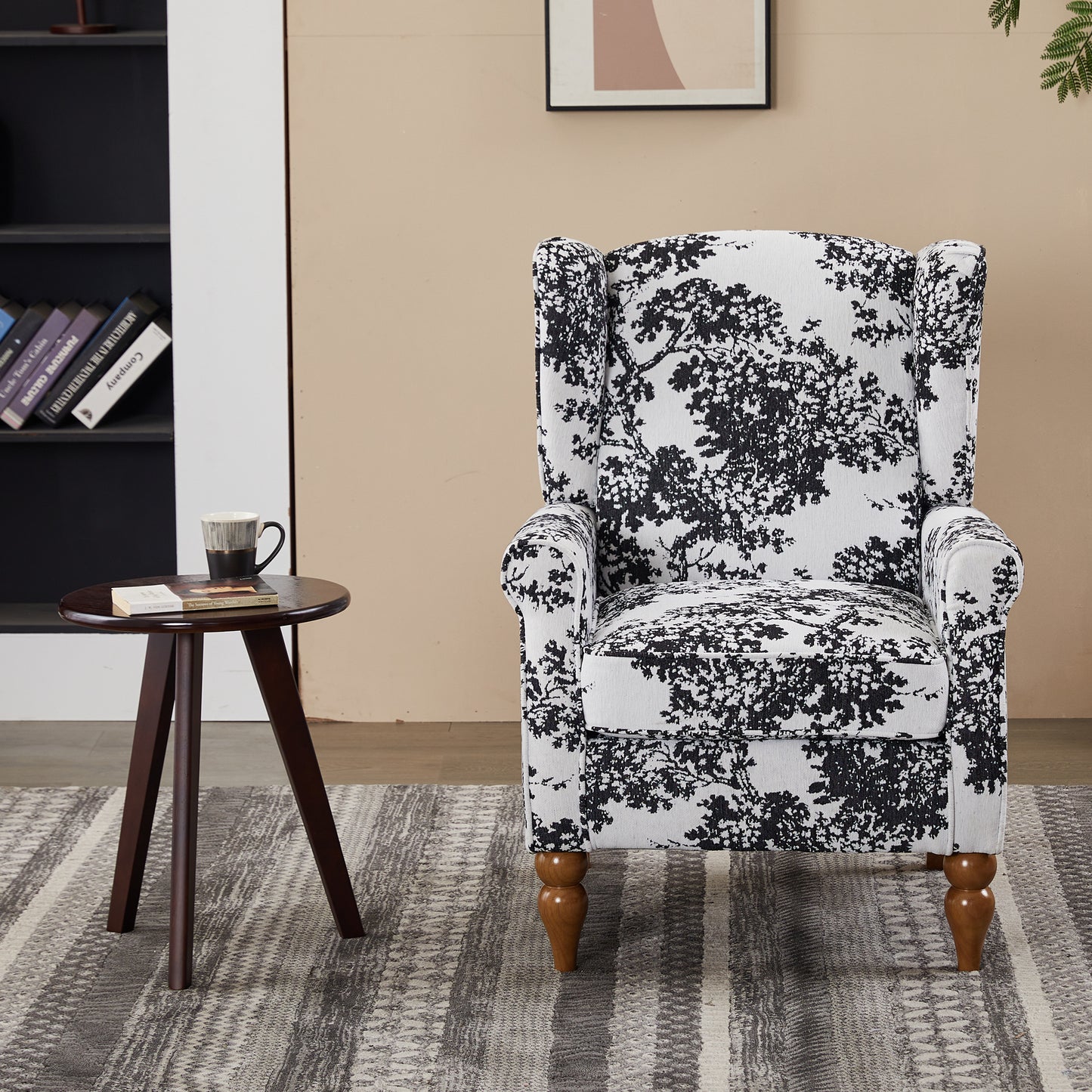 Coffee Table & Armchair Set,Vintage Luxury Style, a high-back reading chair (Antique White + Gray) & a solid wood coffee table (Walnut-Tone) , suitable for living rooms and bedroom relaxation areas