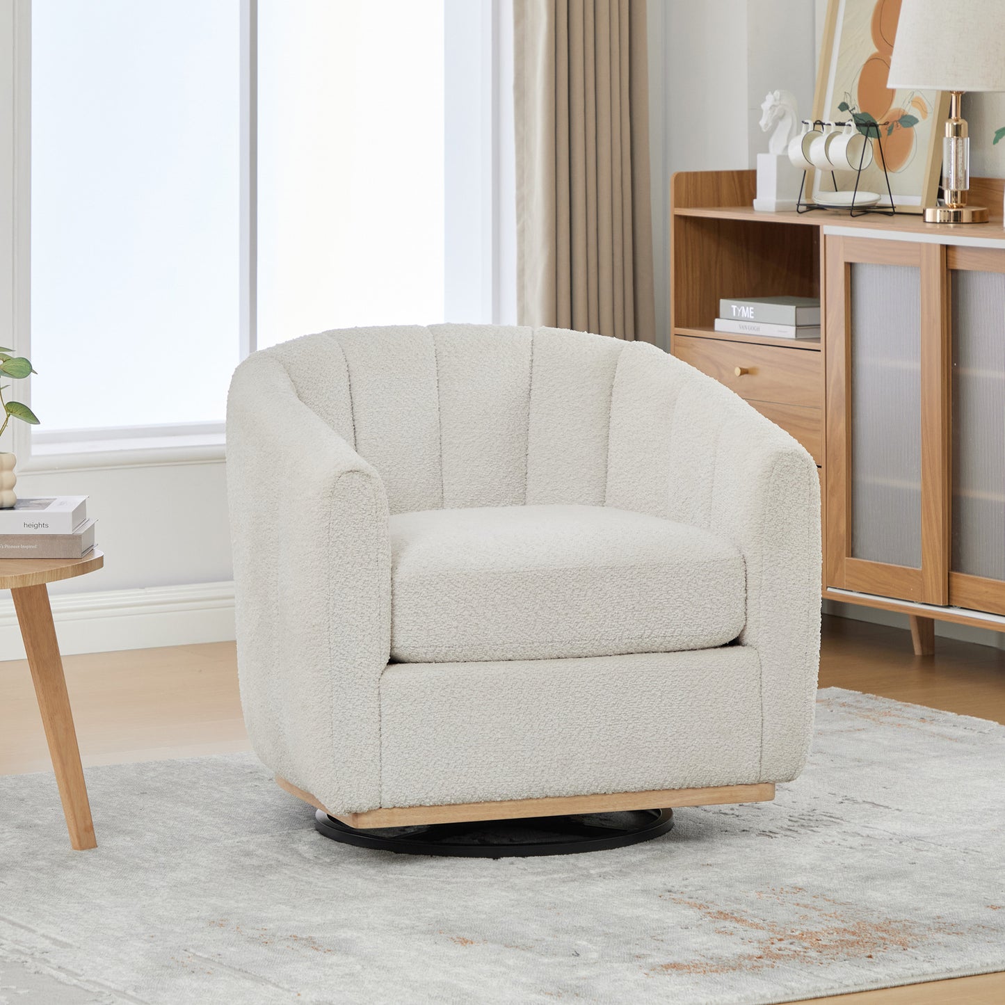 31.89 "Wide Modern Chenille Cushioned Metal Base 360° Swivel Chair, Upholstered Barrel Chair, Tufted Pumpkin-Shape Club Armchair for Living Room, Family Room, Bedroom, Lounge Area, Office. Ivory