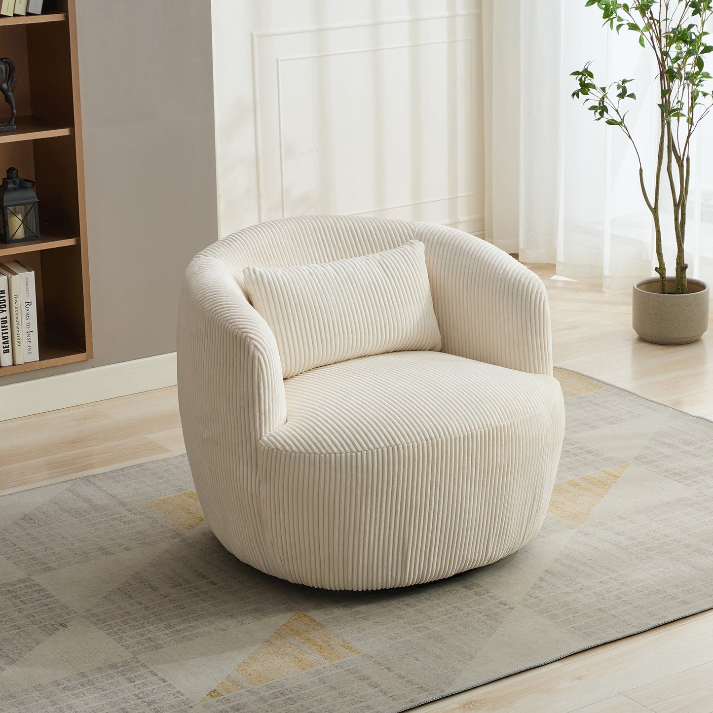34.25 "Wide Upholstered Corduroy 360° Swivel Barrel Soft Accent Chair with Pillow, Circular Reading Armchair for Club, Living Room, Bedroom, Office, Lounge, Ivory.