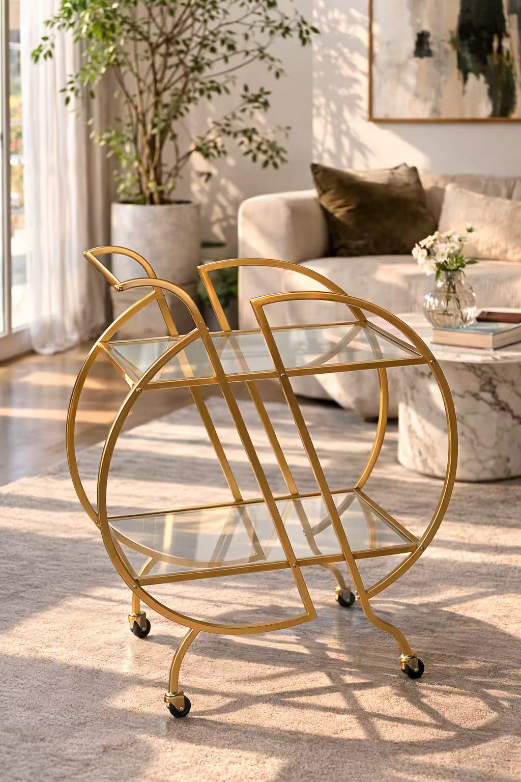 Gold Bar Carts for The Home Bar Serving Cart, Rolling Bar Cart Gold with Lockable Caster Wheels, Glass Bar Carts with 2 Mirrored Shelves, Storage Round Wine Carts for Kitchen, Party